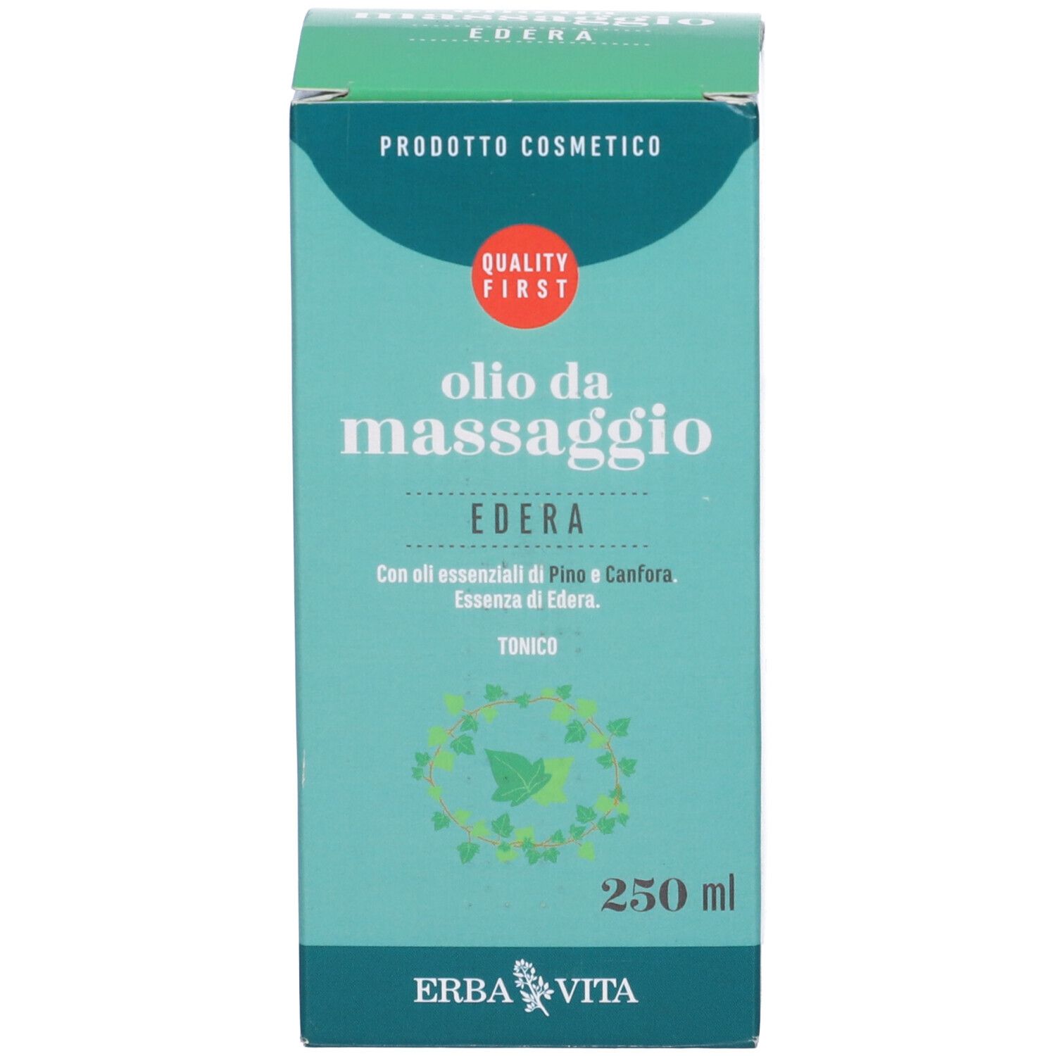 Erba Vita Edera Massageöl, 250 ml. Kosmetikprodukt mit Pinien- und Kampferöl.