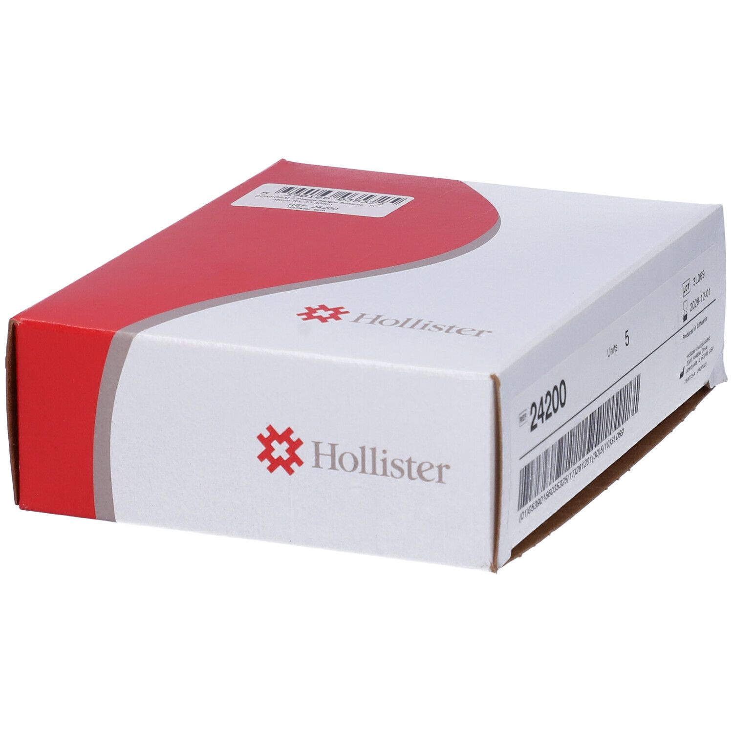 Confezione bianca e rossa con logo Hollister. Contiene 5 unità. Codice a barre e informazioni.