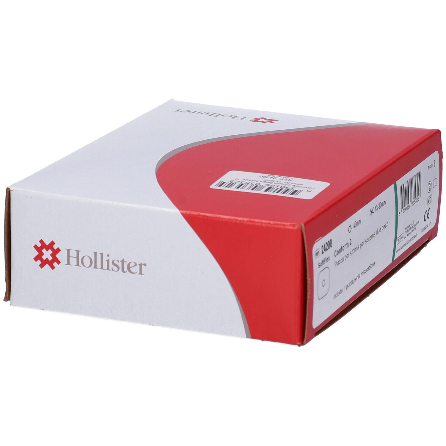 Confezione bianca e rossa con logo Hollister. Contiene informazioni sul prodotto, tra cui 'Conform 2'.