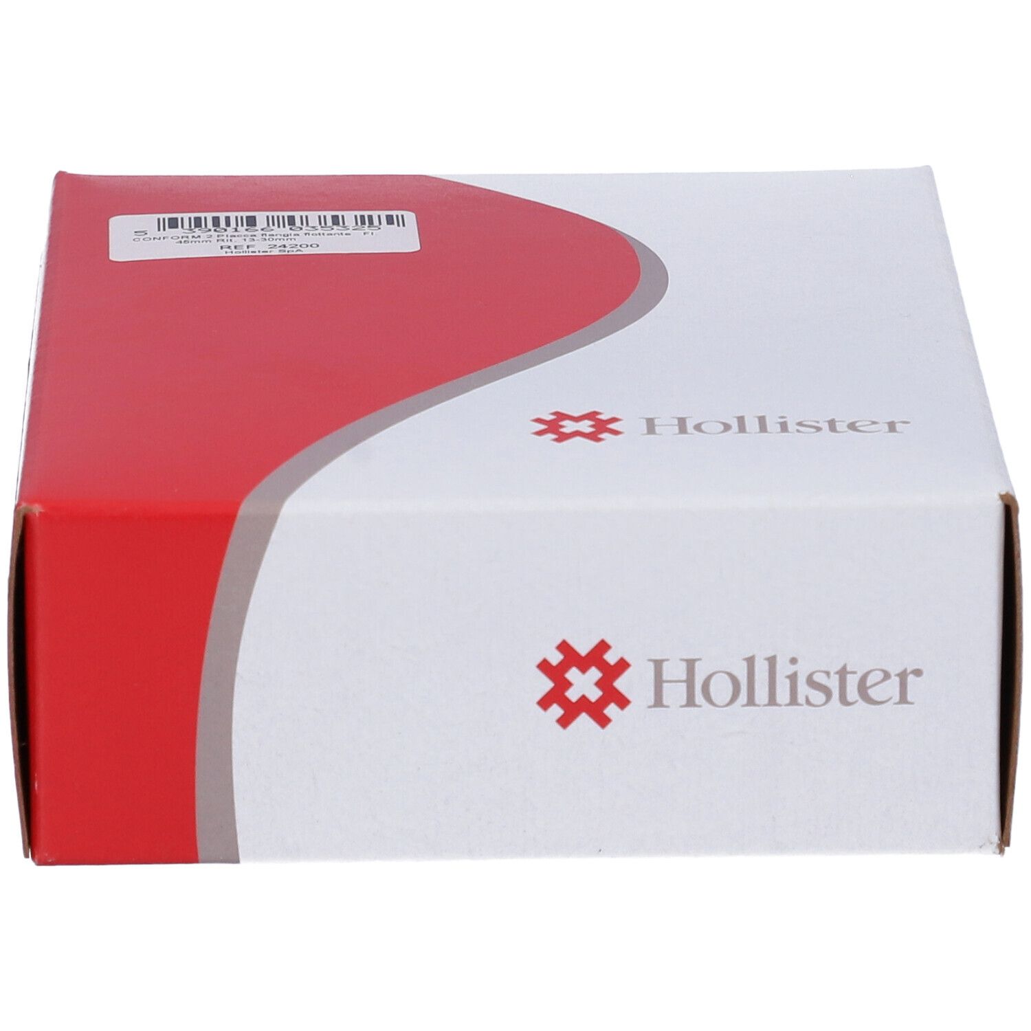 Confezione bianca e rossa con logo Hollister. Codice a barre e informazioni sul prodotto.