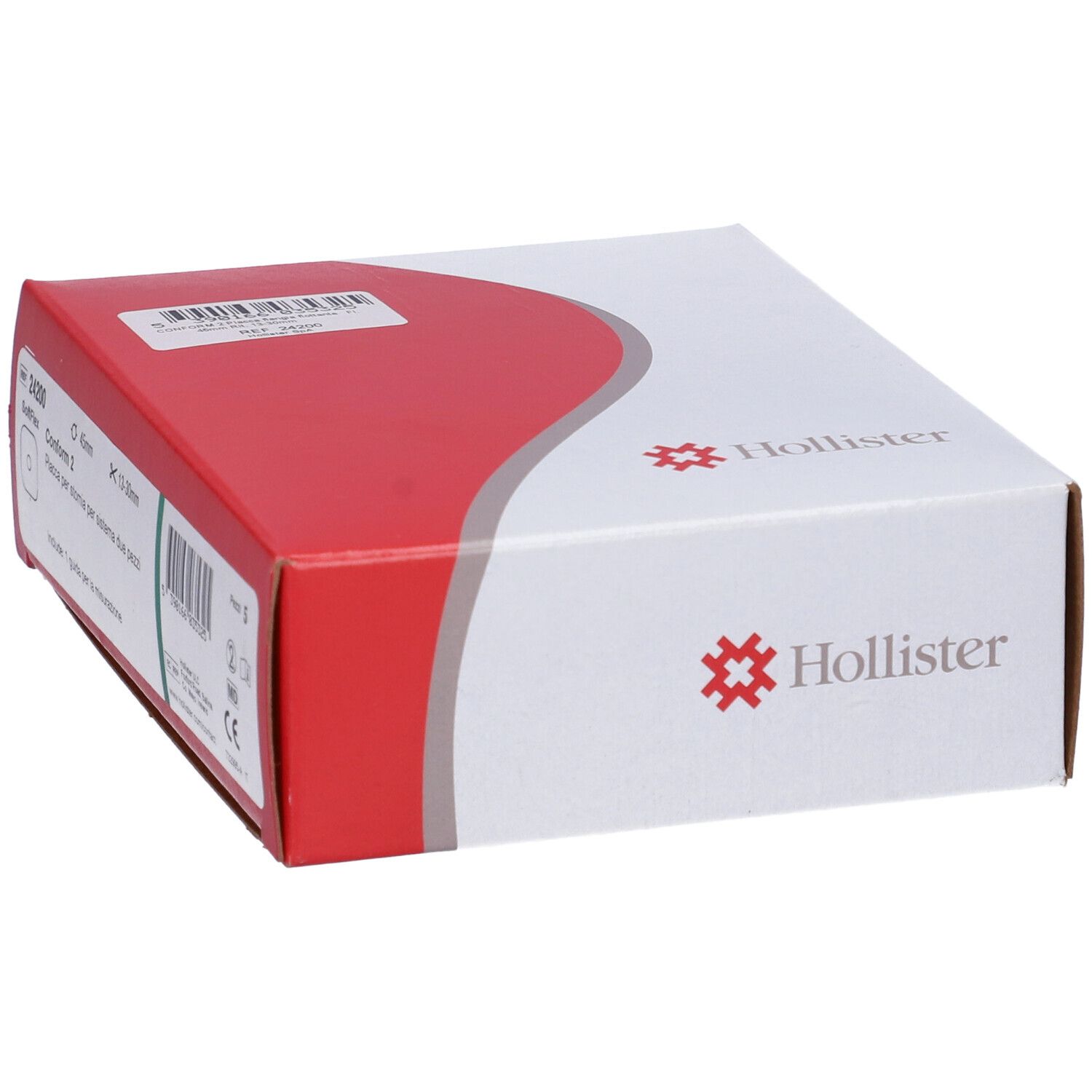Confezione bianca e rossa con logo Hollister. Contiene informazioni sul prodotto, tra cui 'Conform 2'.