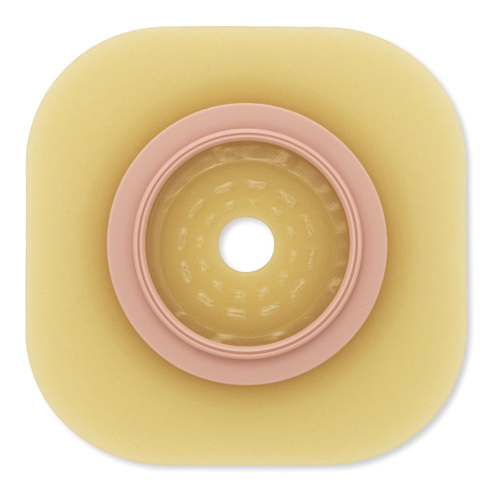 Base quadrata beige con anello rosa e foro centrale. La superficie è strutturata.