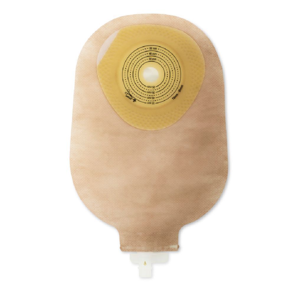 Sacchetto medico beige e giallo. Parte circolare gialla con cerchi concentrici e chiusura bianca.