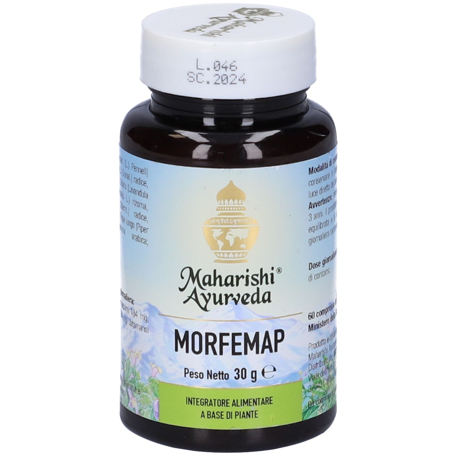 Flacone marrone, tappo bianco. Scritta Morfemap, Maharishi Ayurveda. 60 compresse.