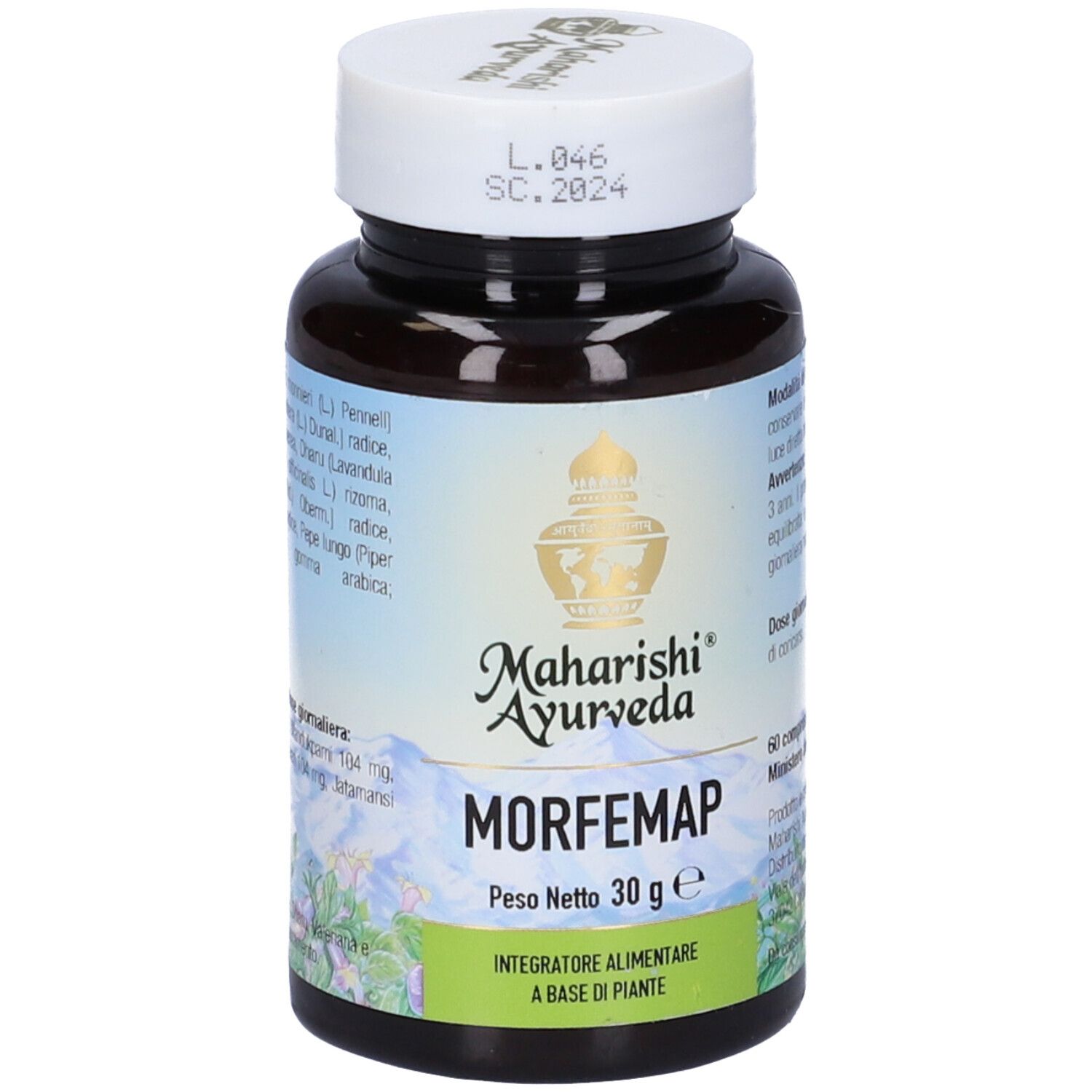 Flacone marrone, tappo bianco. Scritta Morfemap, Maharishi Ayurveda. 60 compresse.