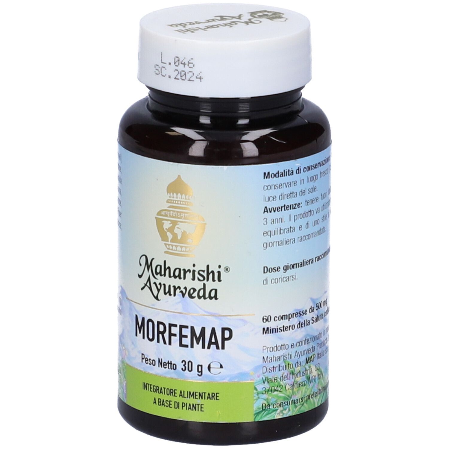 Flacone marrone, tappo bianco. Scritta Morfemap, Maharishi Ayurveda. 60 compresse.