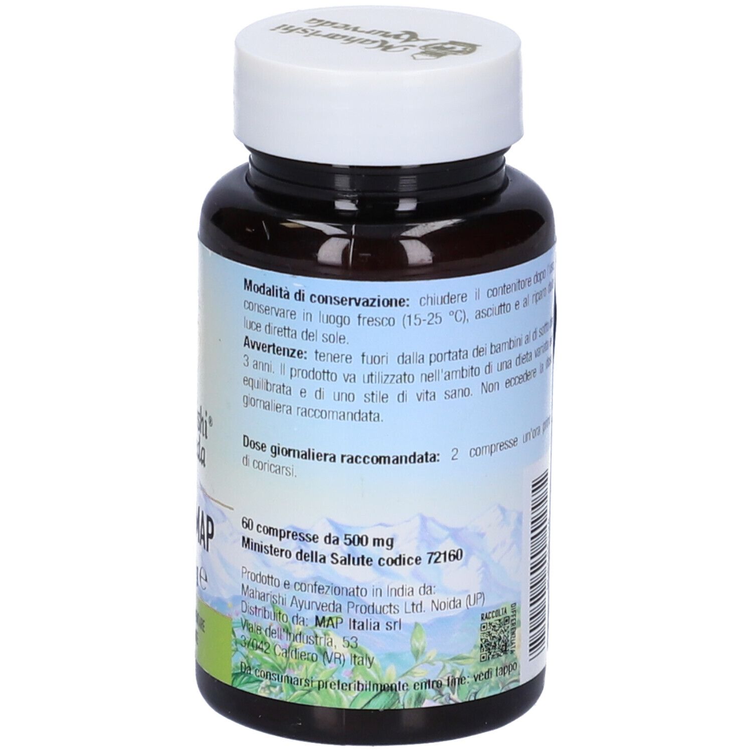 Flacone marrone, tappo bianco. Scritta Morfemap, Maharishi Ayurveda. 60 compresse.