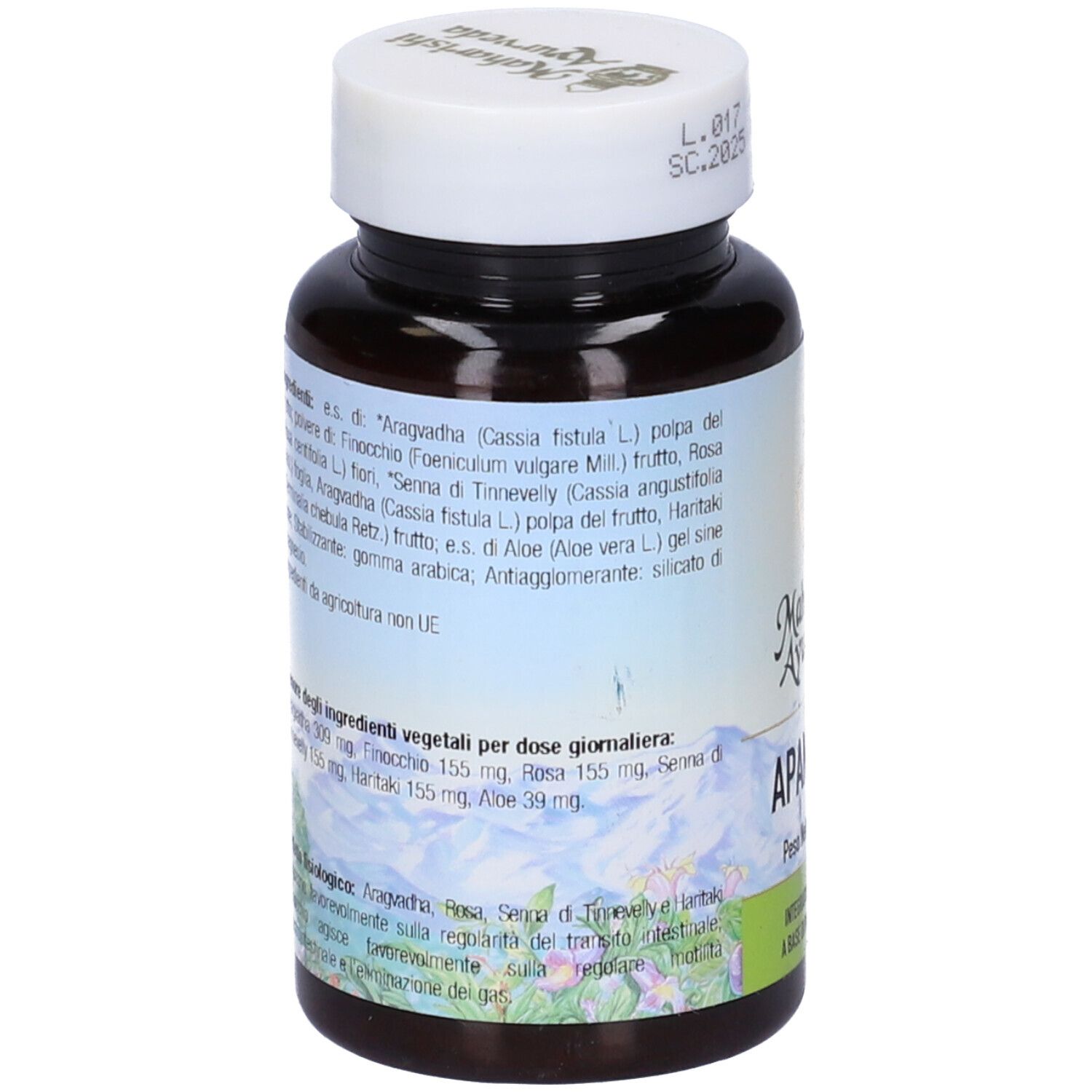 Retro del flacone. Testo con ingredienti e dosaggio. Marchio: Maharishi Ayurveda.