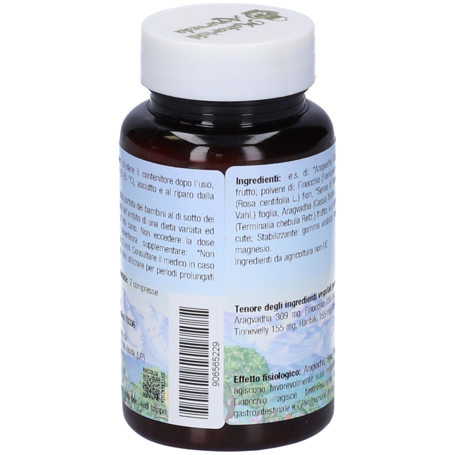 Retro del flacone. Testo con ingredienti e dosaggio. Marchio: Maharishi Ayurveda.