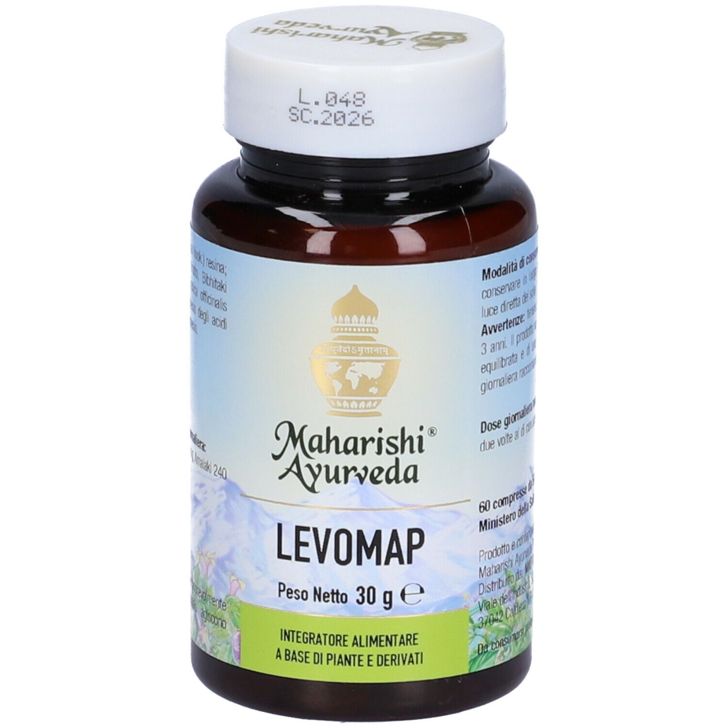 Flacone marrone di compresse con tappo bianco. Scritta: Levomap, Maharishi Ayurveda. Peso netto: 30 g.