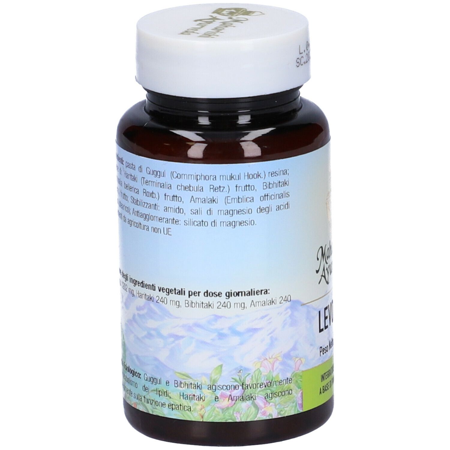 Retro del flacone di compresse. Elenco ingredienti in italiano. Produttore: Maharishi Ayurveda.