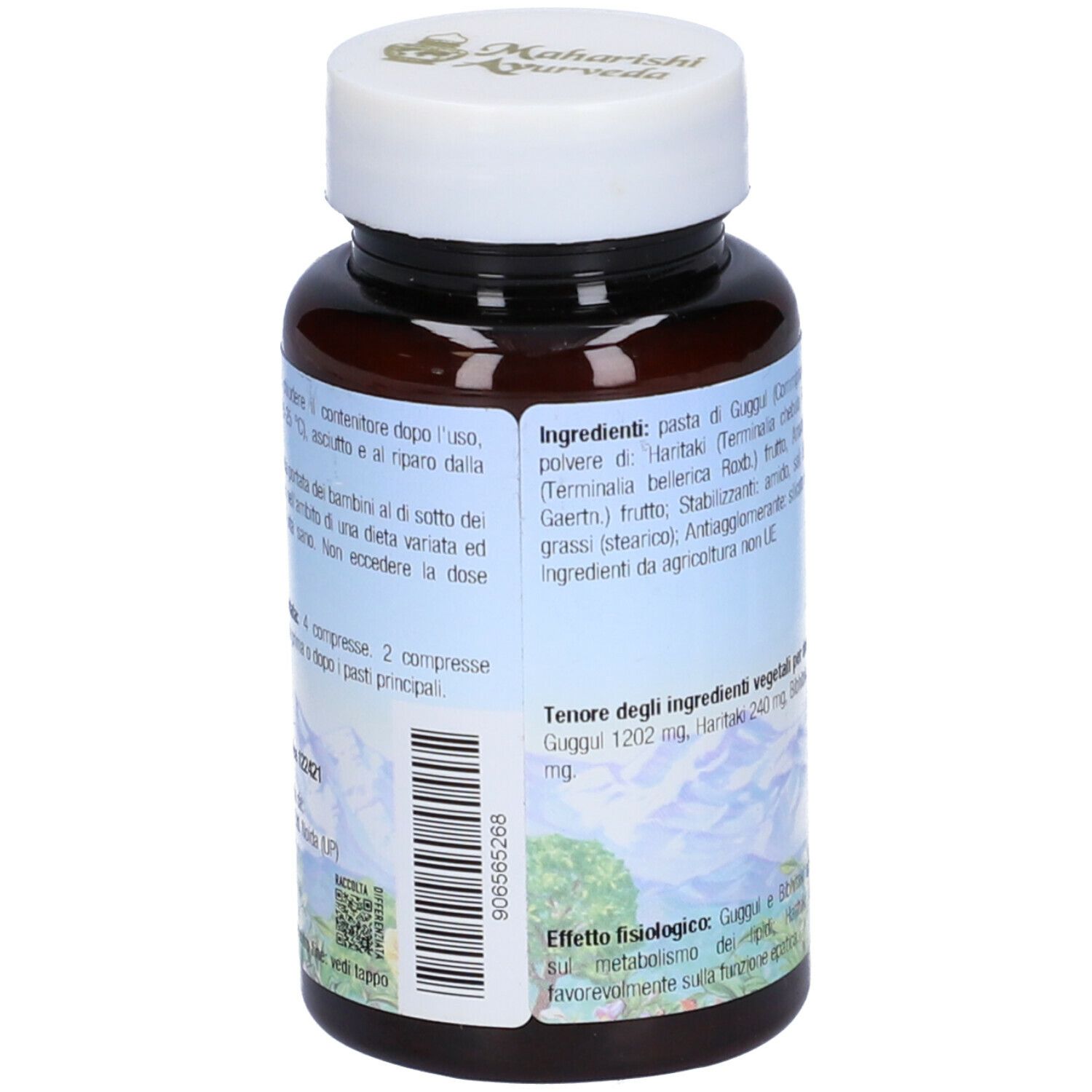 Retro del flacone di compresse. Elenco ingredienti in italiano. Produttore: Maharishi Ayurveda.