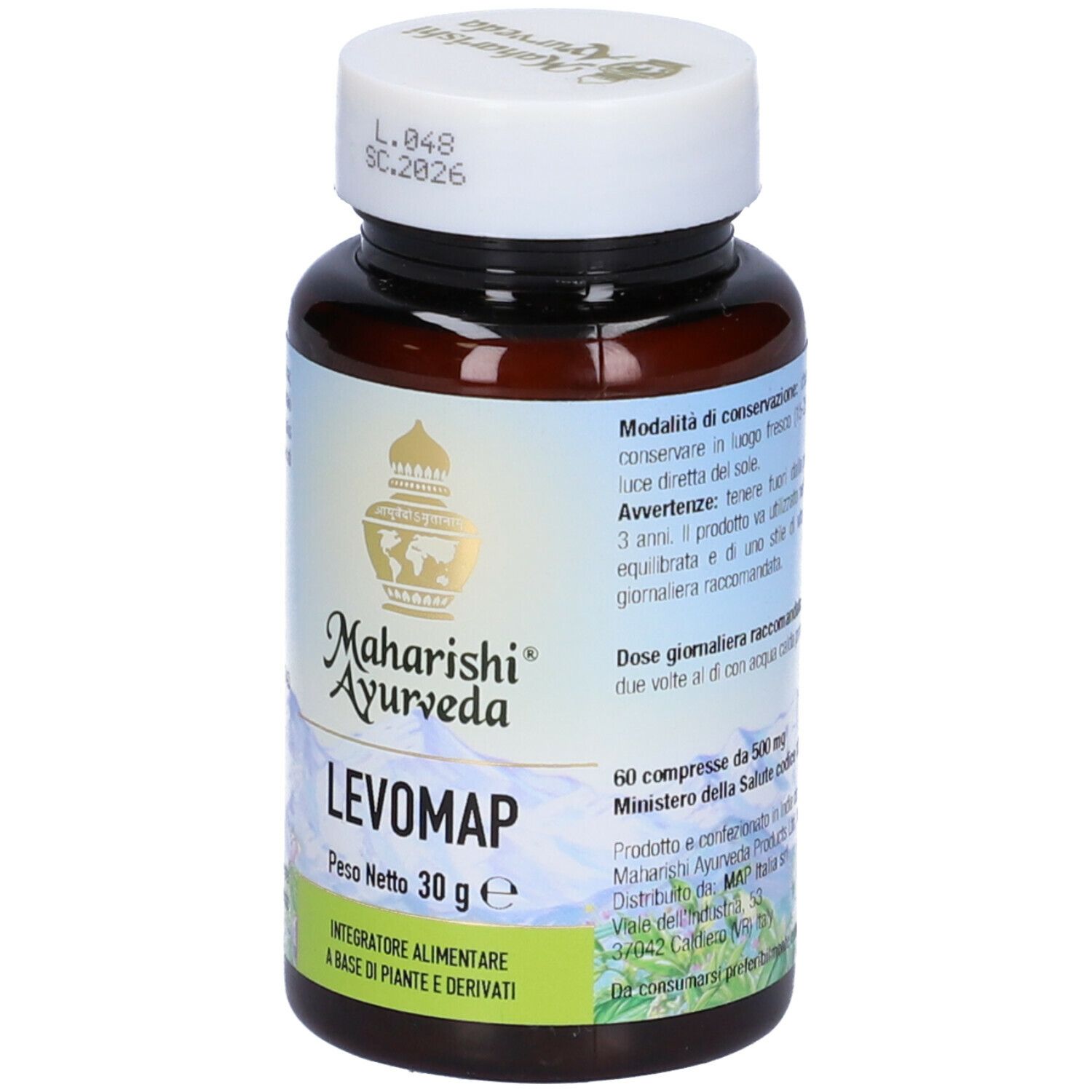 Flacone marrone di compresse con tappo bianco. Scritta: Levomap, Maharishi Ayurveda. Peso netto: 30 g.