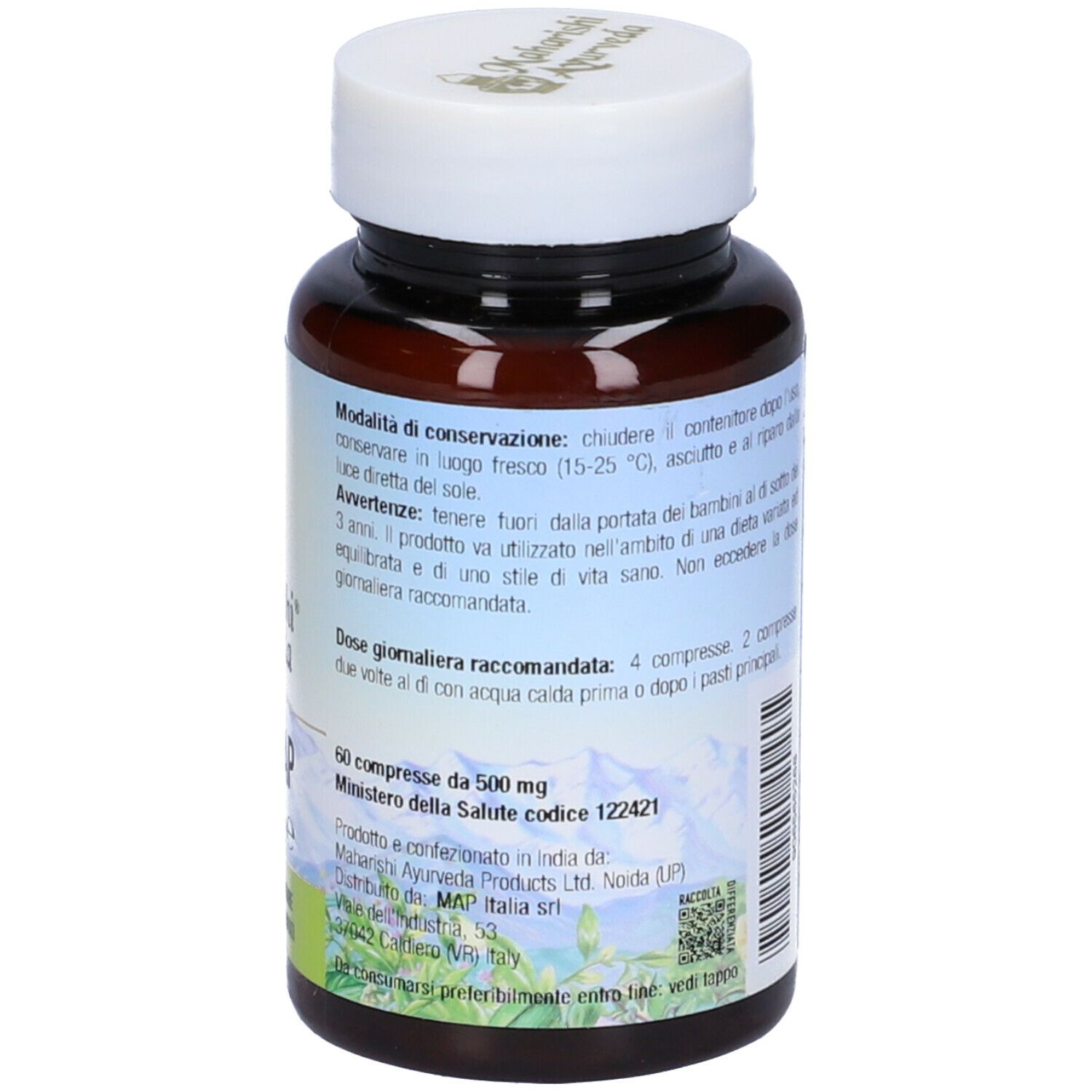 Retro del flacone di compresse. Informazioni in italiano. Produttore: Maharishi Ayurveda.