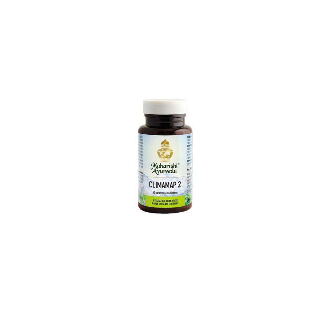 Flacone di compresse marrone con tappo bianco. Scritta: Climamap 2, 60 compresse. Marchio: Maharishi Ayurveda.