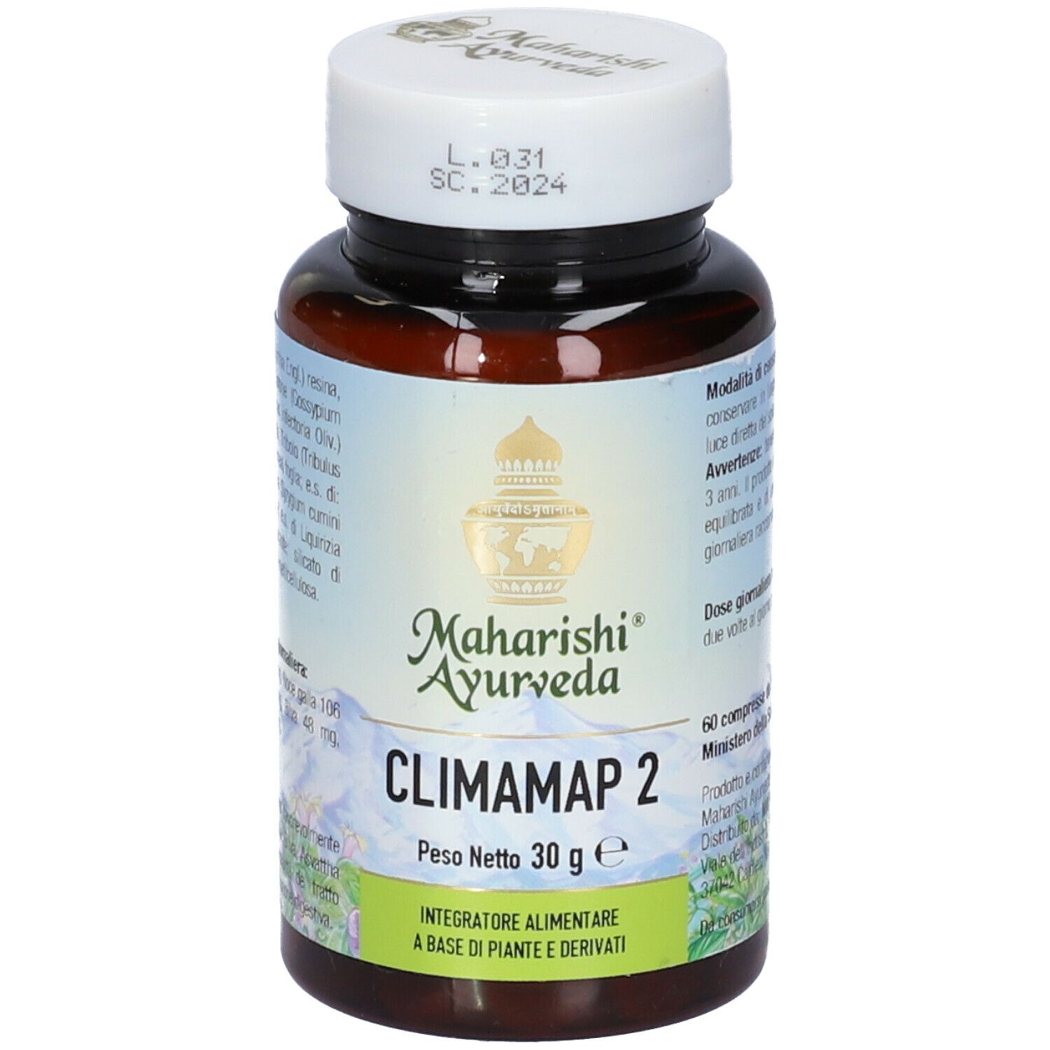 Flacone di compresse marrone con tappo bianco. Scritta: Climamap 2, 30 g. Marchio: Maharishi Ayurveda.