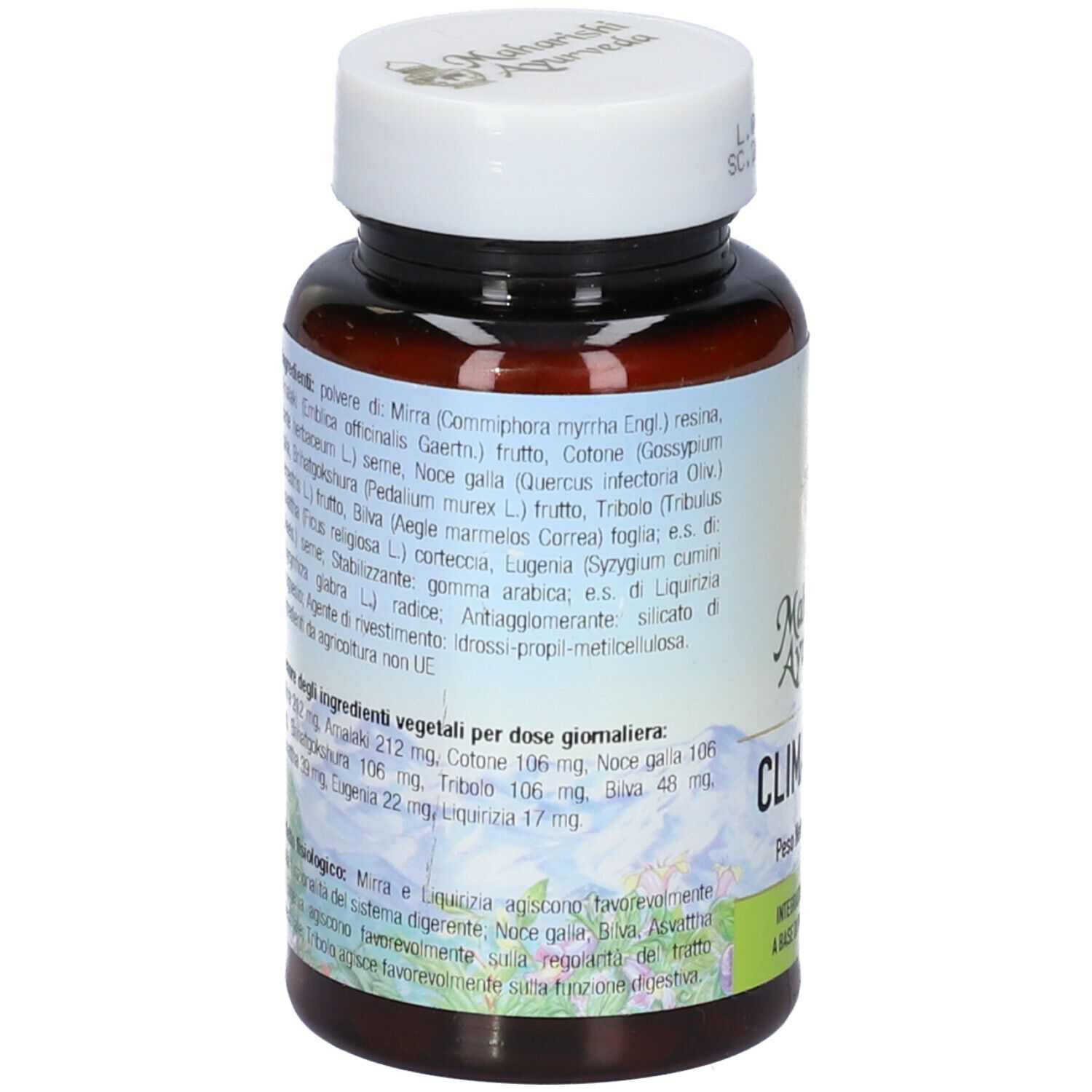 Retro del flacone di compresse marrone. Testo con ingredienti e informazioni nutrizionali. Marchio: Maharishi Ayurveda.