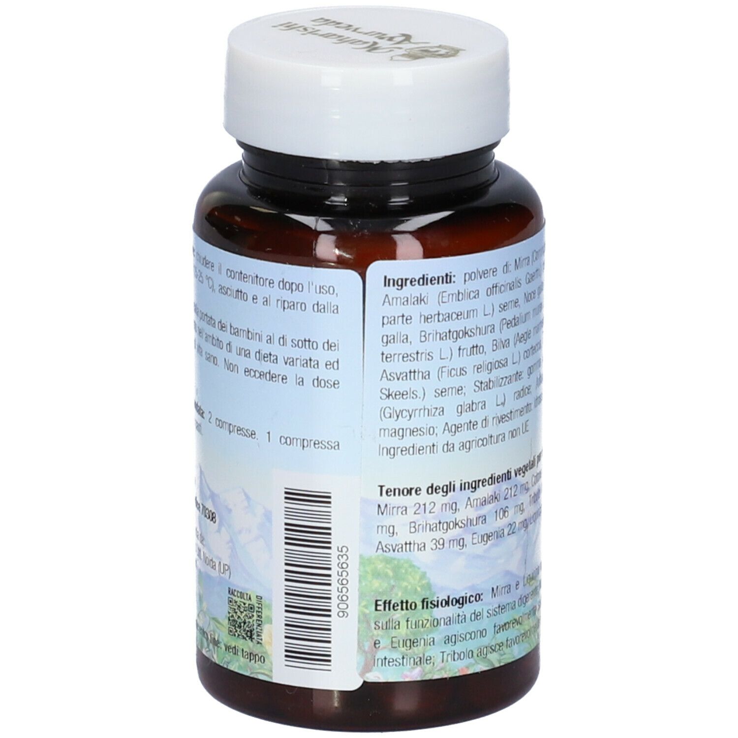 Retro del flacone di compresse marrone. Testo con ingredienti e informazioni nutrizionali. Marchio: Maharishi Ayurveda.
