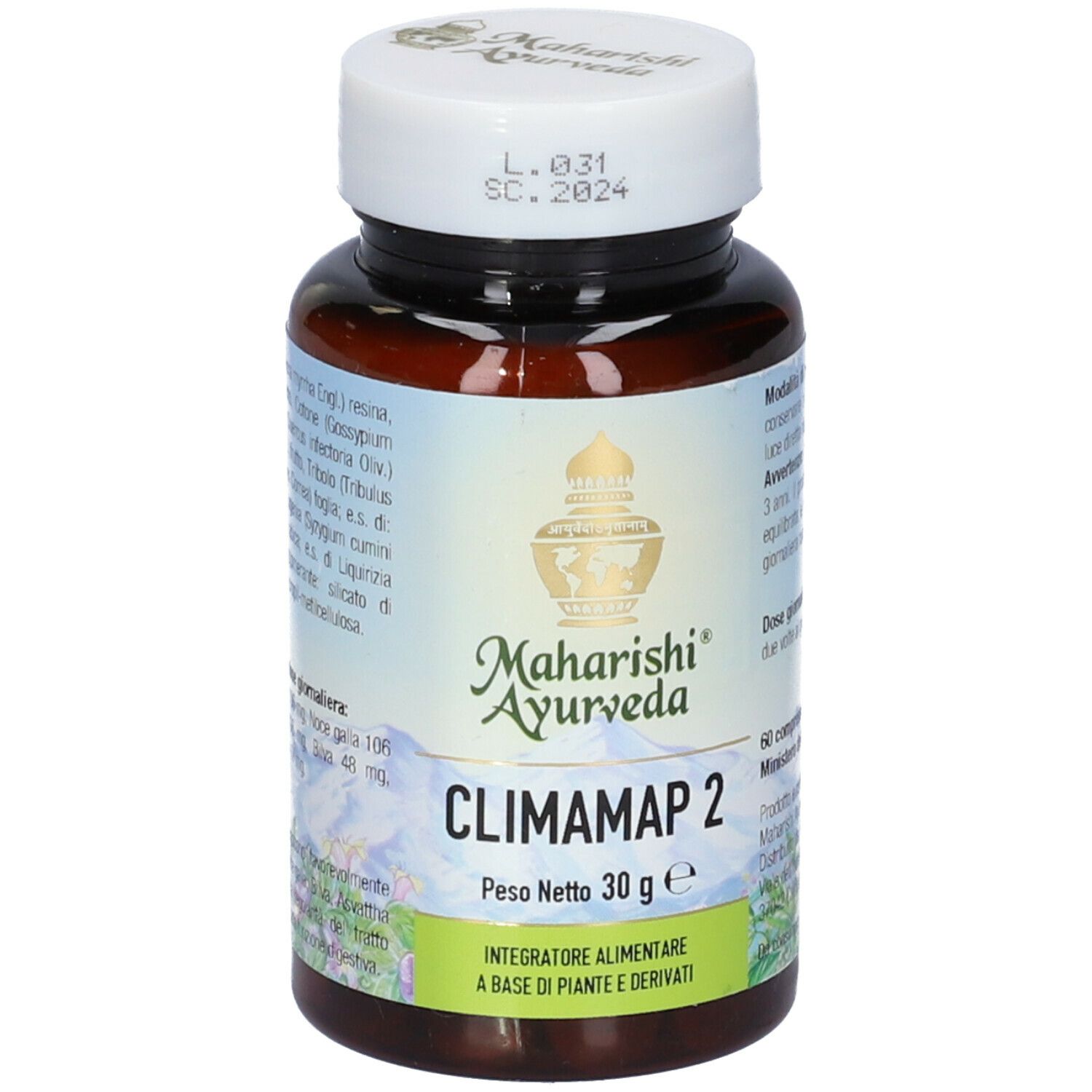 Flacone di compresse marrone con tappo bianco. Scritta: Climamap 2, 30 g. Marchio: Maharishi Ayurveda.