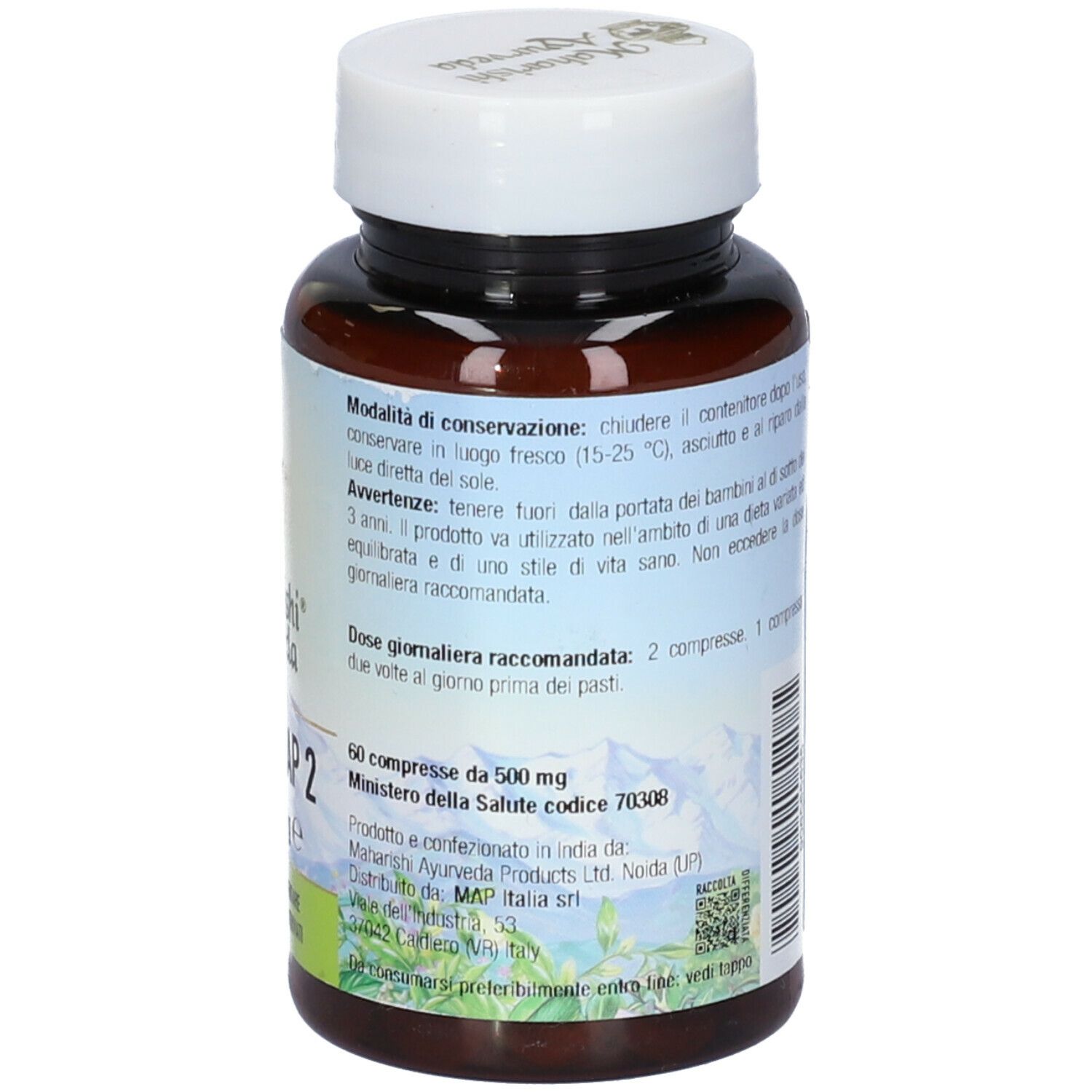 Retro del flacone di compresse marrone. Testo con dosaggio e avvertenze. Marchio: Maharishi Ayurveda.