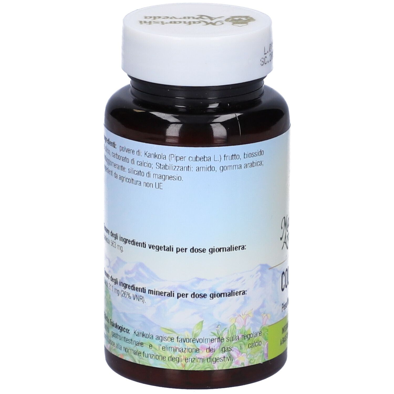 Retro del flacone di compresse. Testo con ingredienti e informazioni. Marchio: Maharishi Ayurveda. Colomap.