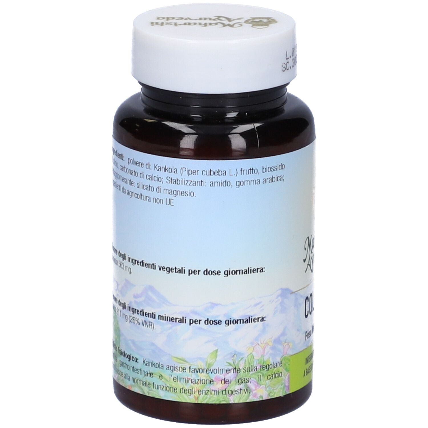 Retro del flacone di compresse. Testo con ingredienti e informazioni. Marchio: Maharishi Ayurveda. Colomap.