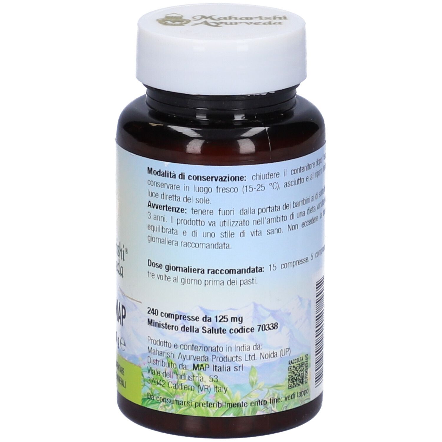Retro del flacone di compresse. Testo con ingredienti e informazioni. Marchio: Maharishi Ayurveda. Colomap.