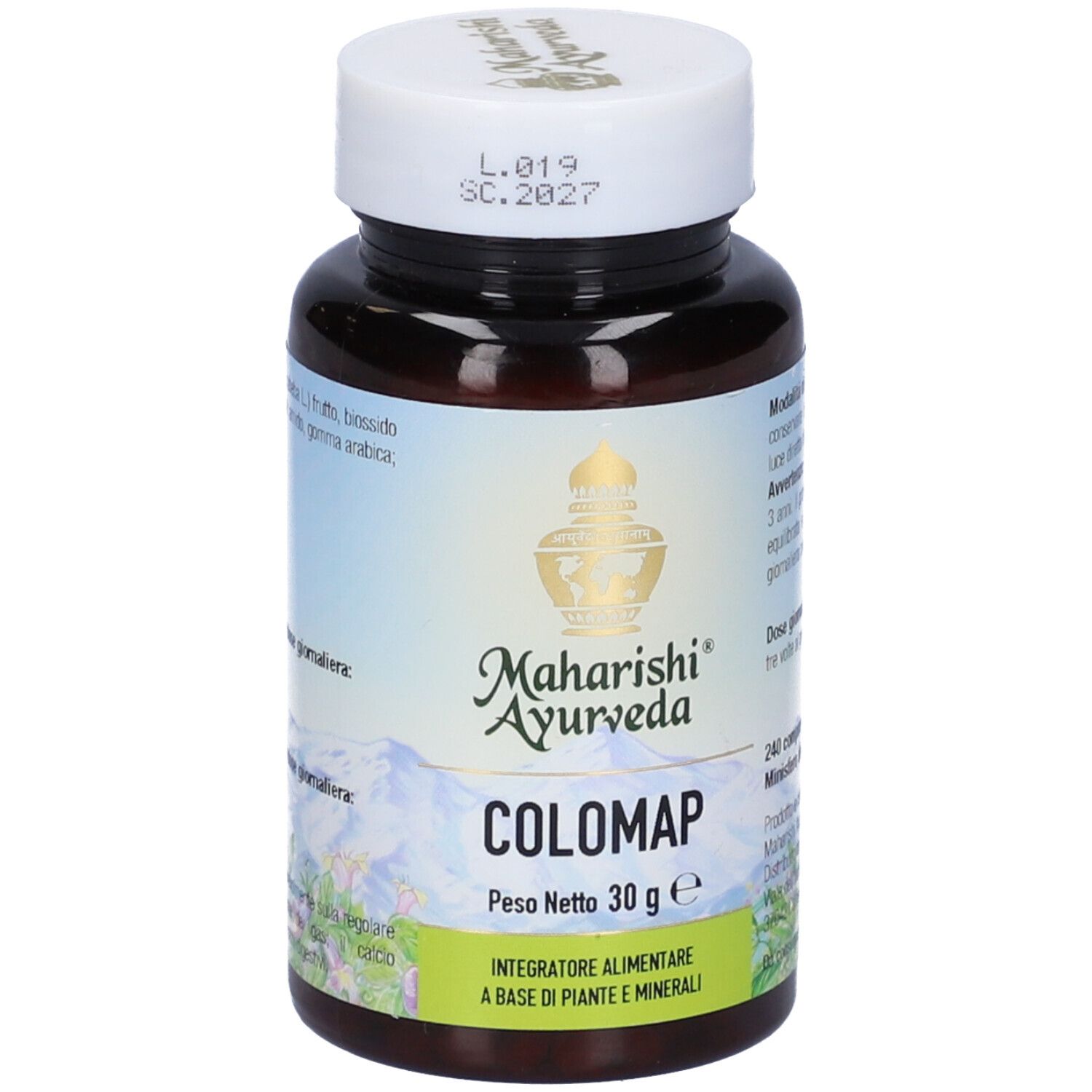 Flacone di compresse marrone con tappo bianco. Scritta: Colomap, 240 Compresse. Marchio: Maharishi Ayurveda.