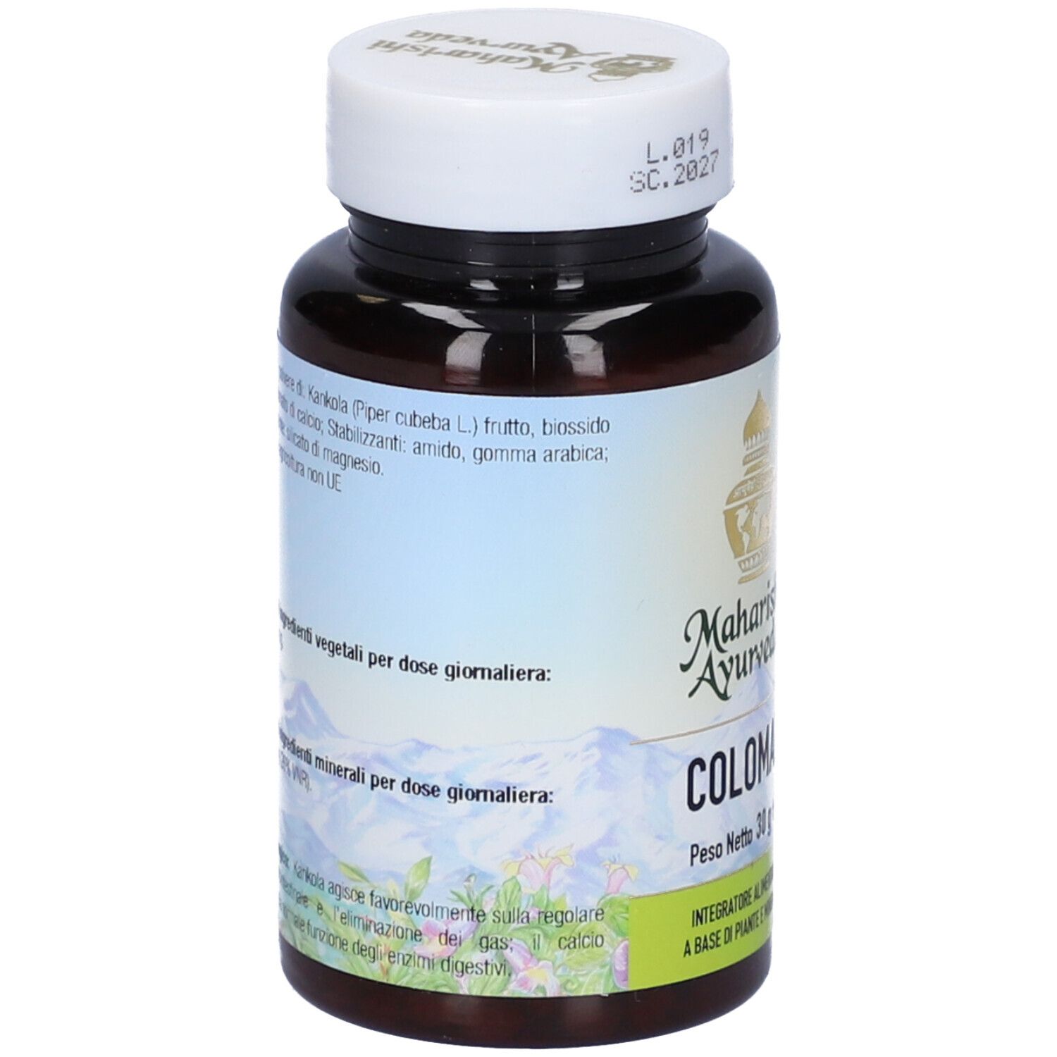 Flacone di compresse marrone con tappo bianco. Scritta: Colomap, 240 Compresse. Marchio: Maharishi Ayurveda.