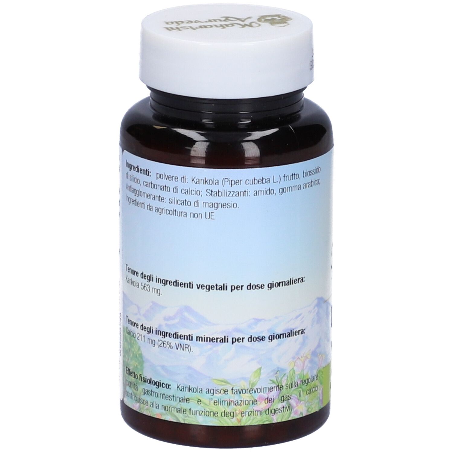 Retro del flacone di compresse. Testo con ingredienti e informazioni. Marchio: Maharishi Ayurveda. Colomap.