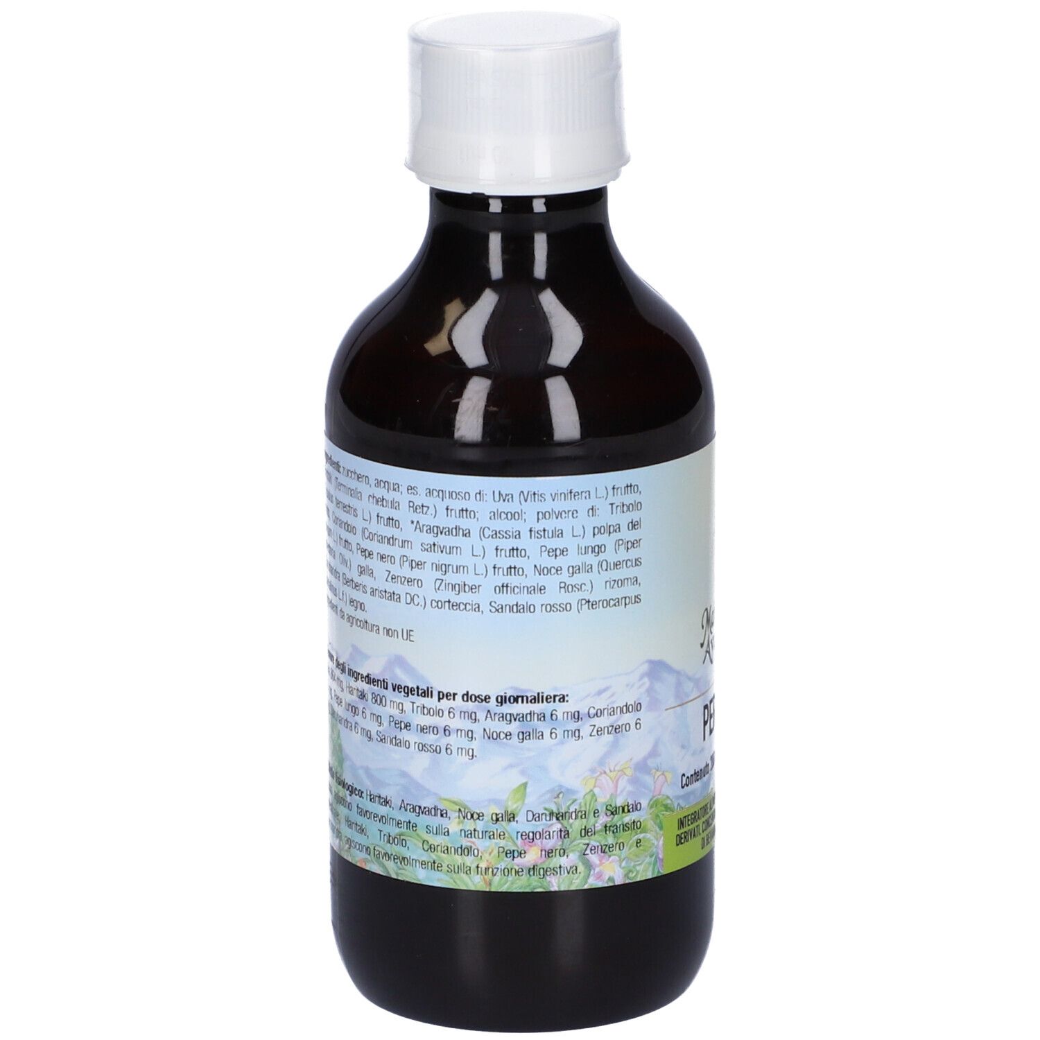Retro della bottiglia marrone. Etichetta con ingredienti e informazioni nutrizionali.