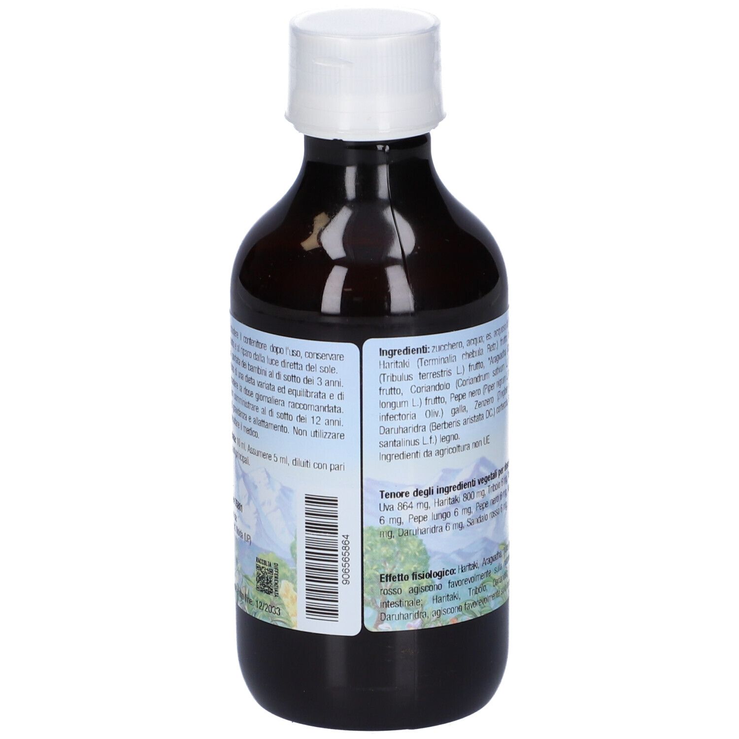 Retro della bottiglia marrone. Etichetta con ingredienti e informazioni nutrizionali.