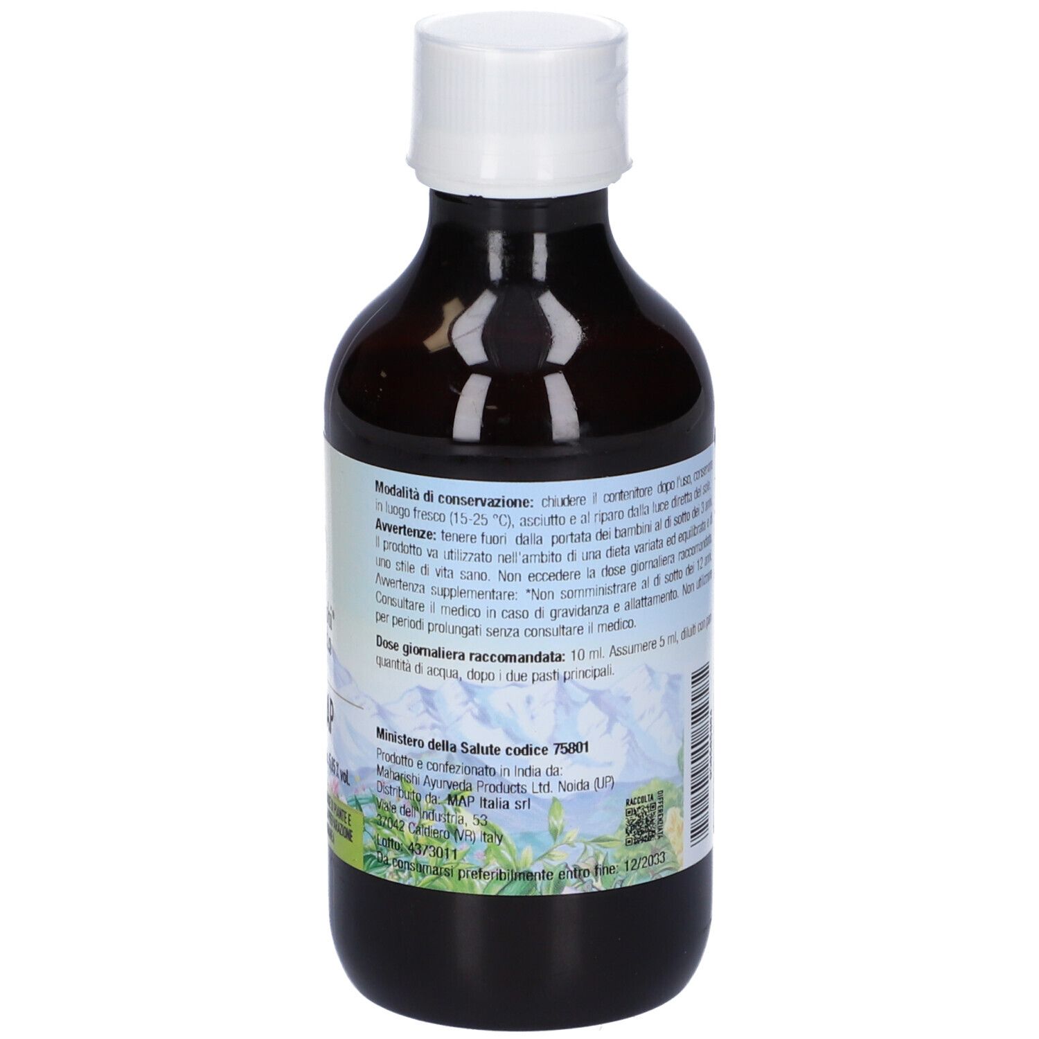 Retro della bottiglia marrone. Etichetta con ingredienti e informazioni nutrizionali.