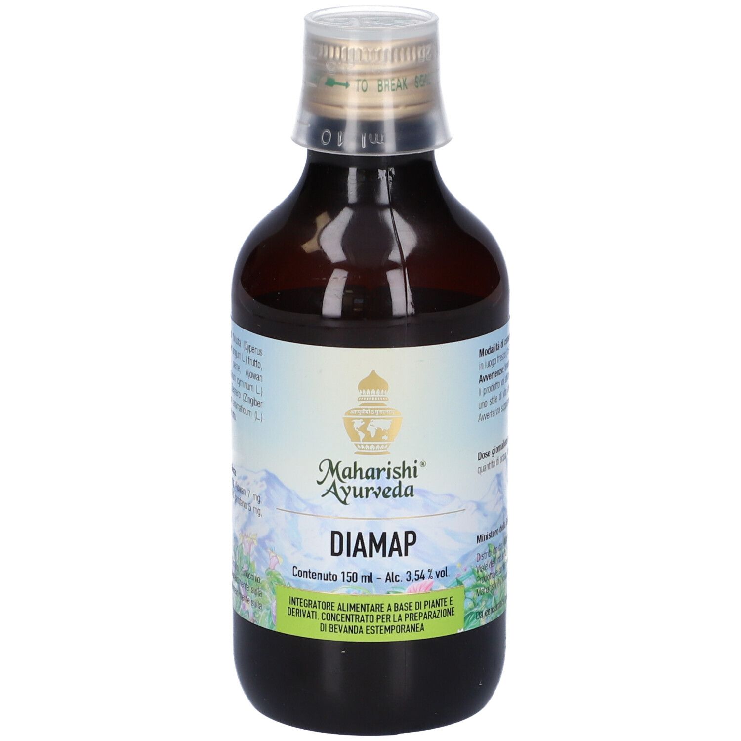 Bottiglia di vetro marrone con chiusura dorata. Etichetta con nome prodotto: Diamap. Marchio: Maharishi Ayurveda. 150 ml.
