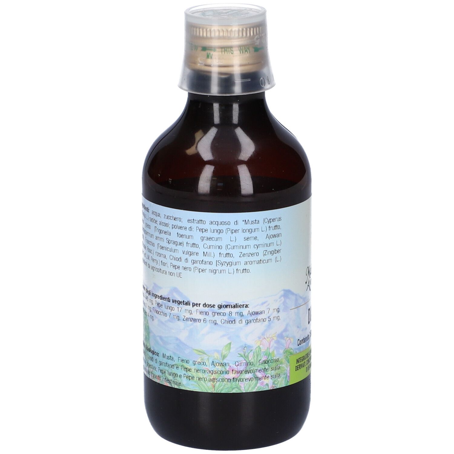 Bottiglia di vetro marrone. Etichetta con ingredienti e informazioni. Marchio: Maharishi Ayurveda. Nome prodotto: Diamap.