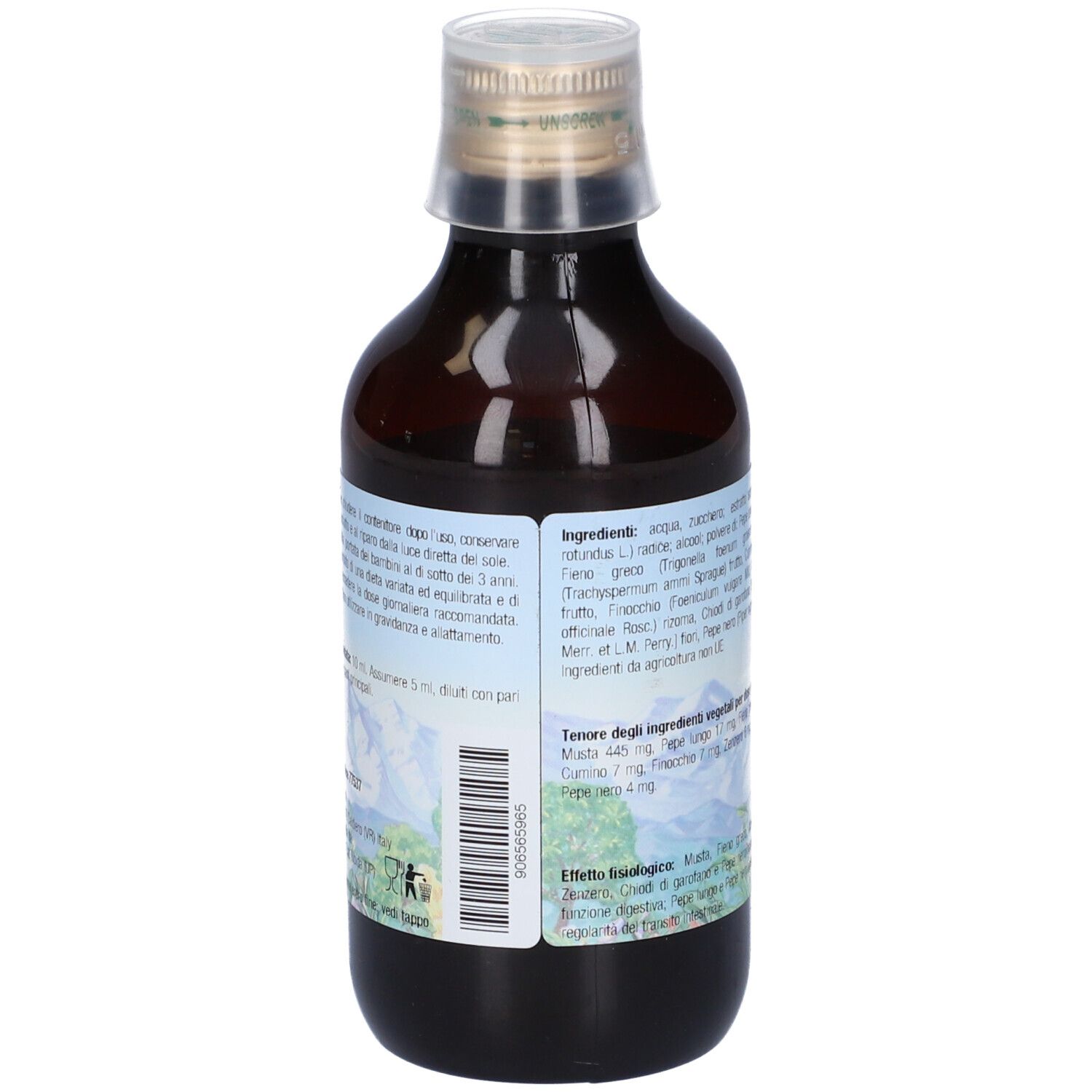 Bottiglia di vetro marrone. Etichetta con ingredienti e informazioni. Marchio: Maharishi Ayurveda. Nome prodotto: Diamap.