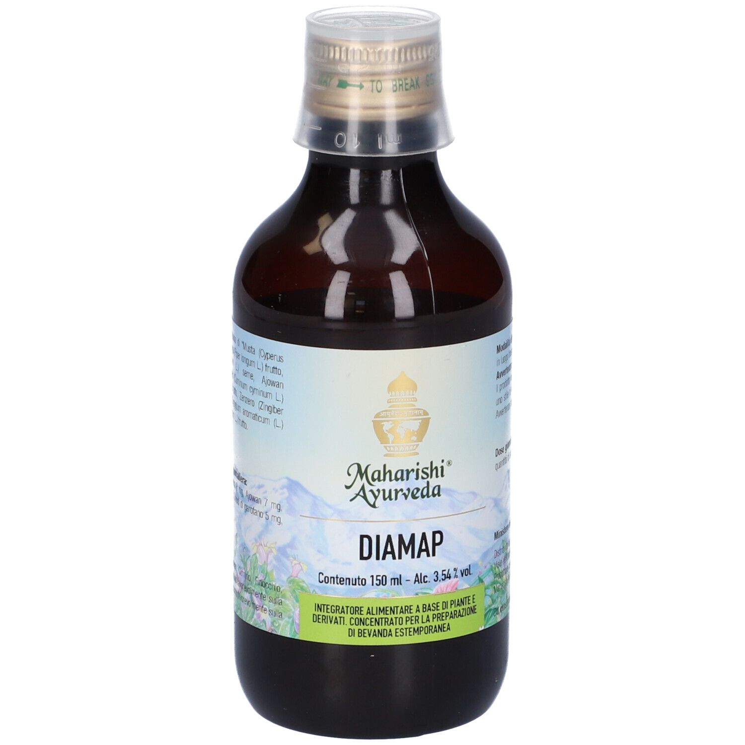 Bottiglia di vetro marrone. Etichetta con informazioni sul prodotto e marchio: Maharishi Ayurveda. Nome prodotto: Diamap. 150 ml.