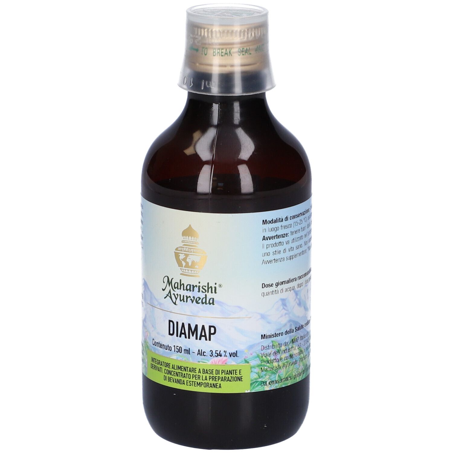Bottiglia di vetro marrone. Etichetta con informazioni sul prodotto e marchio: Maharishi Ayurveda. Nome prodotto: Diamap. 150 ml.