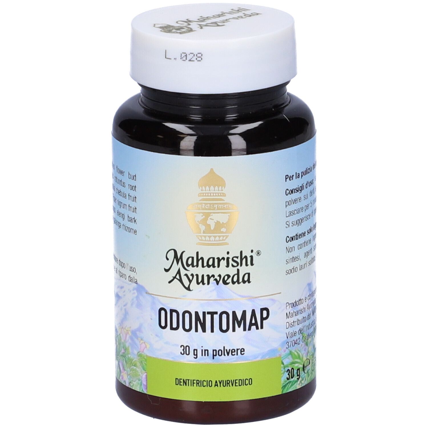 Flacone marrone, tappo bianco. Scritta Odontomap, 30 g in polvere. Marchio Maharishi Ayurveda.