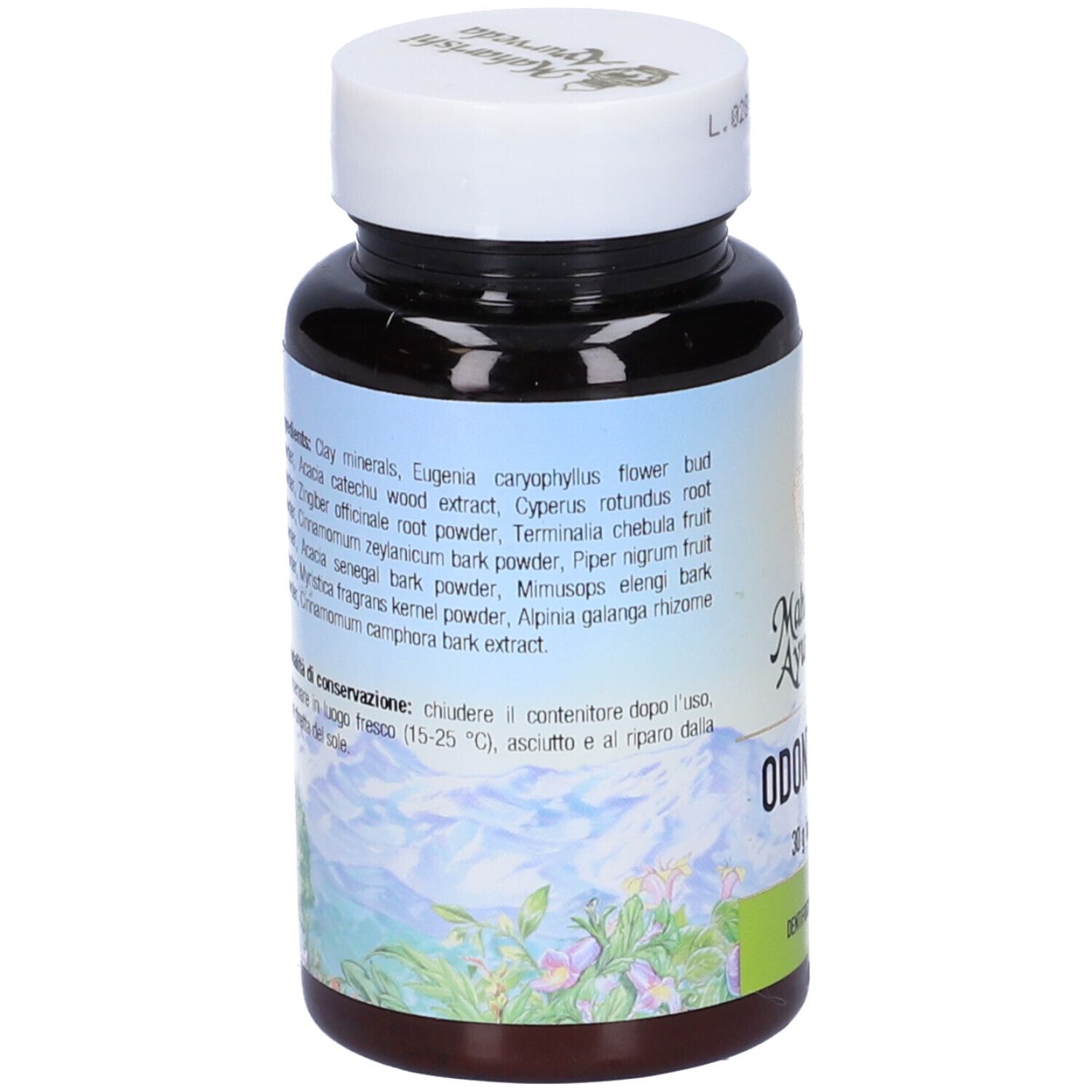 Flacone marrone, tappo bianco. Retro con ingredienti e scritta Odontomap, 30 g.