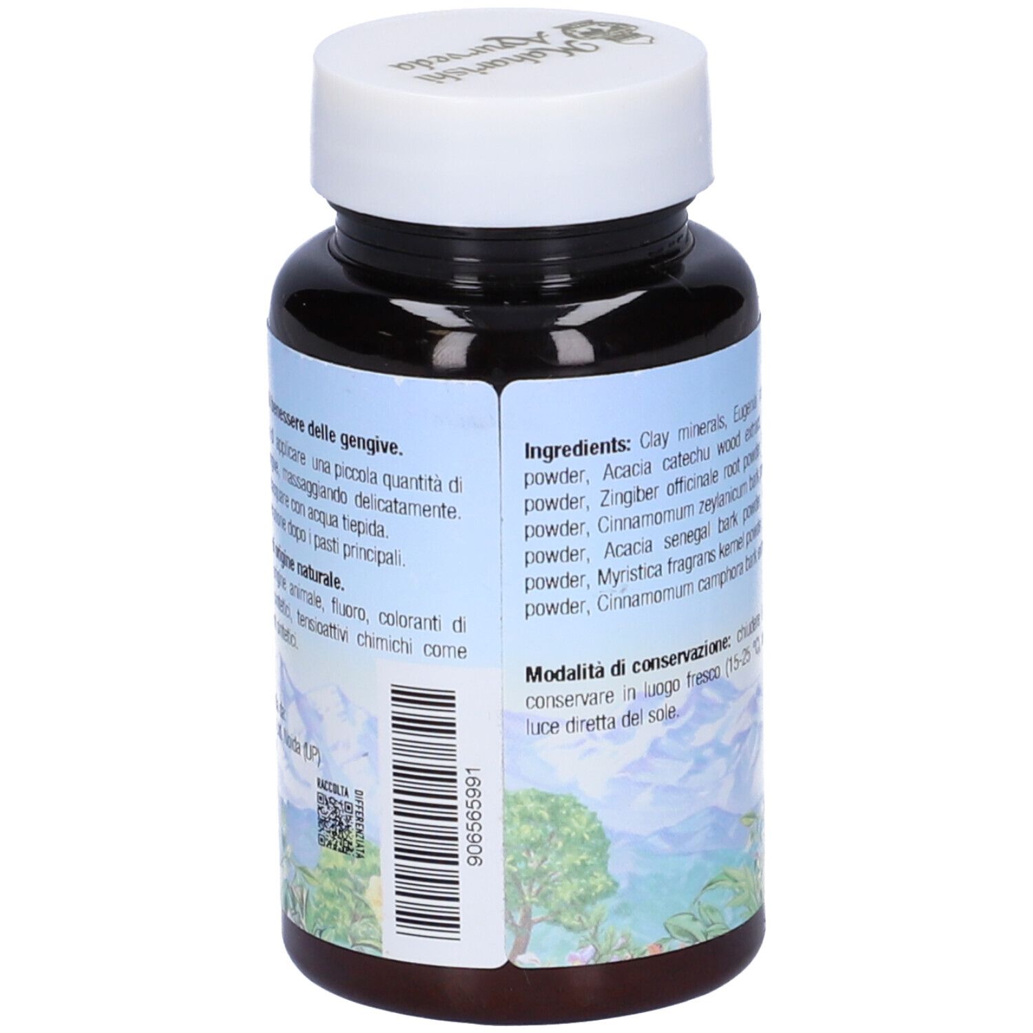 Flacone marrone, tappo bianco. Retro con ingredienti e scritta Odontomap, 30 g.