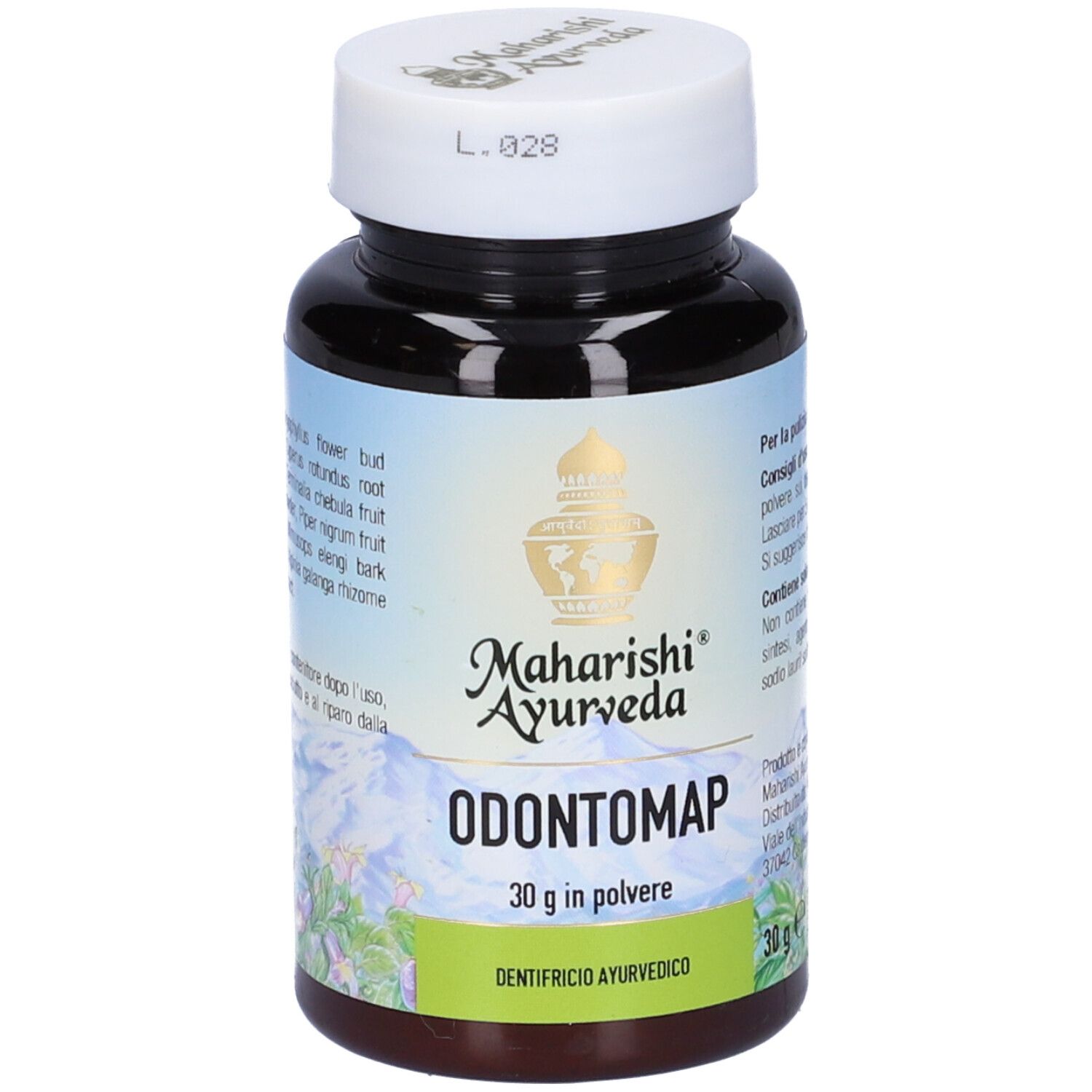 Flacone marrone, tappo bianco. Scritta Odontomap, 30 g in polvere. Marchio Maharishi Ayurveda.