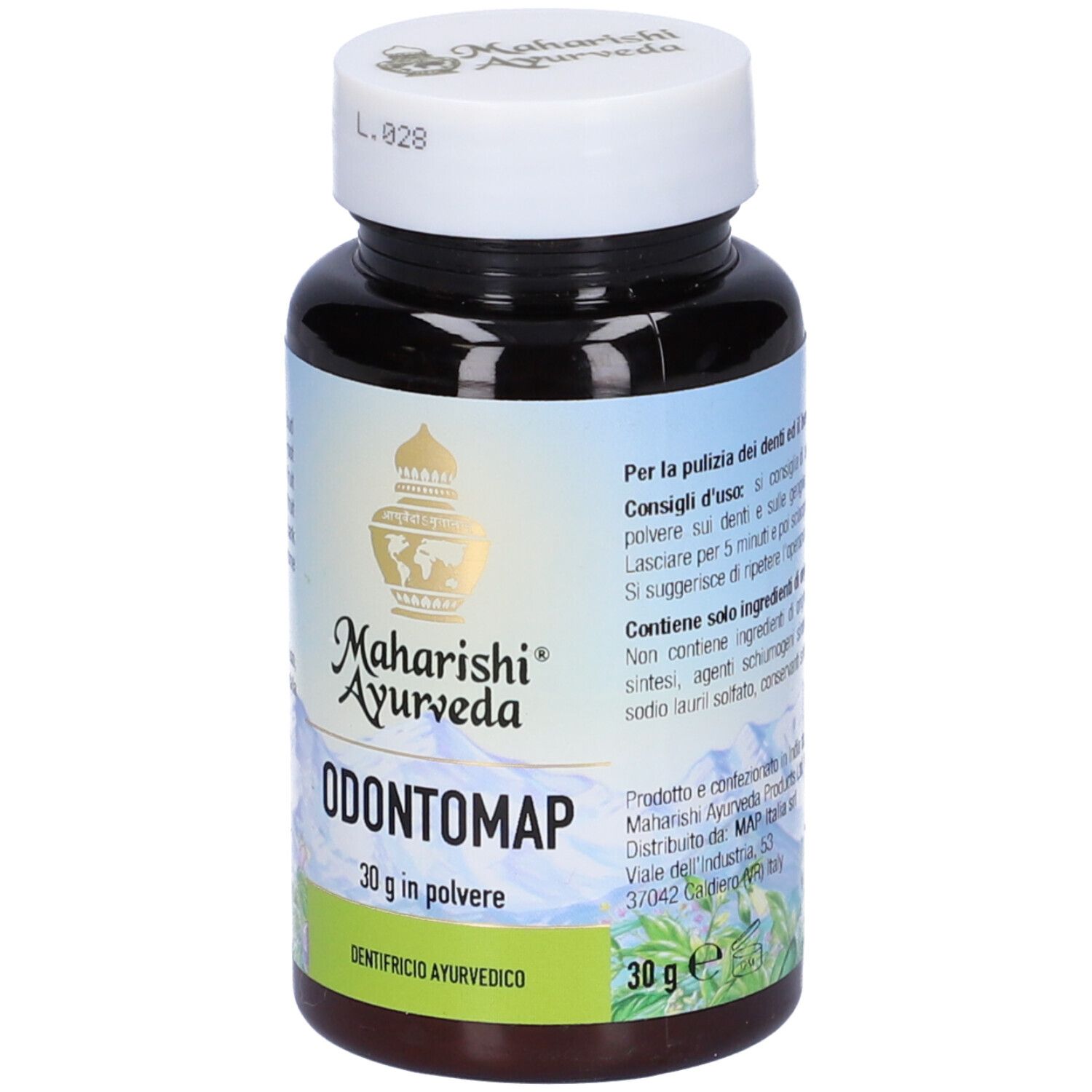 Flacone marrone, tappo bianco. Scritta Odontomap, 30 g in polvere. Marchio Maharishi Ayurveda.