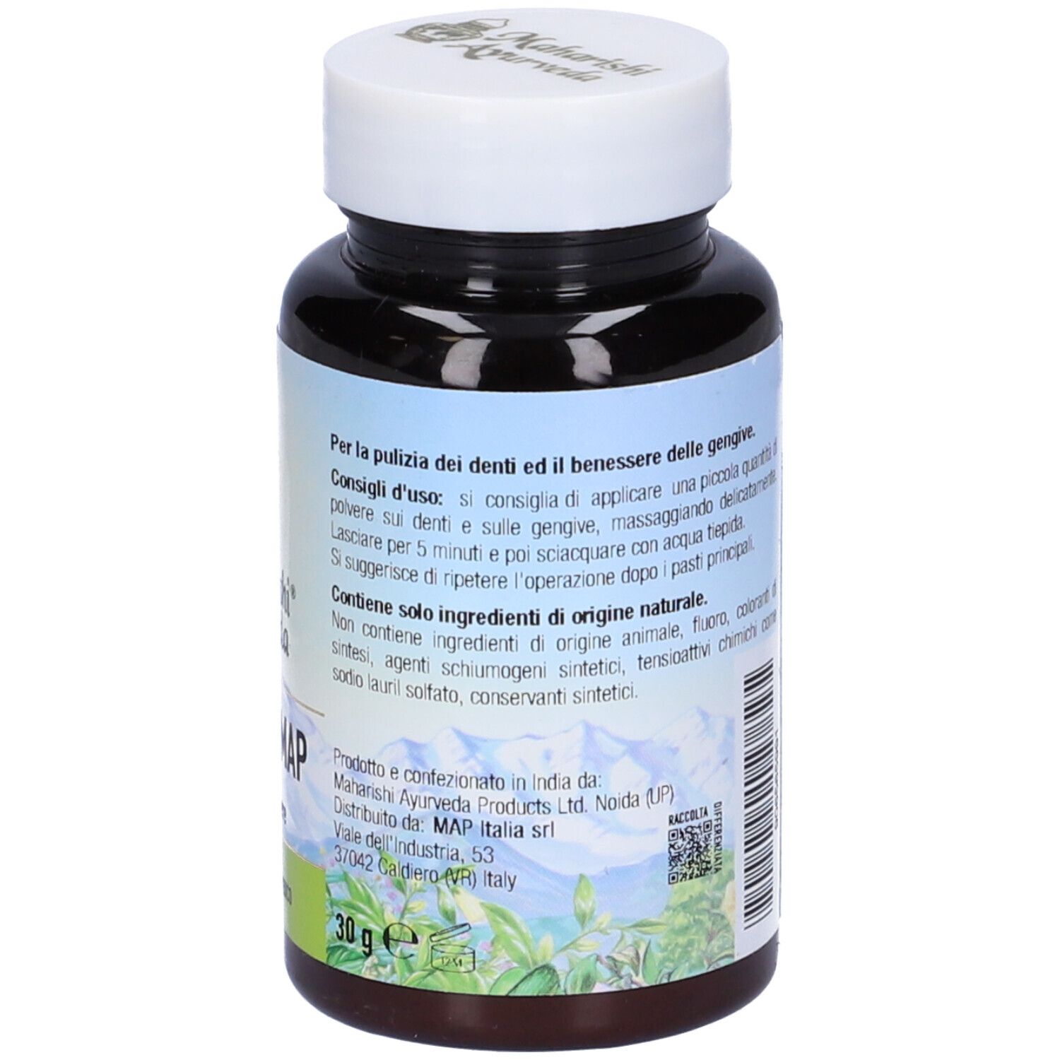 Flacone marrone, tappo bianco. Scritta Odontomap, 30 g in polvere. Marchio Maharishi Ayurveda.