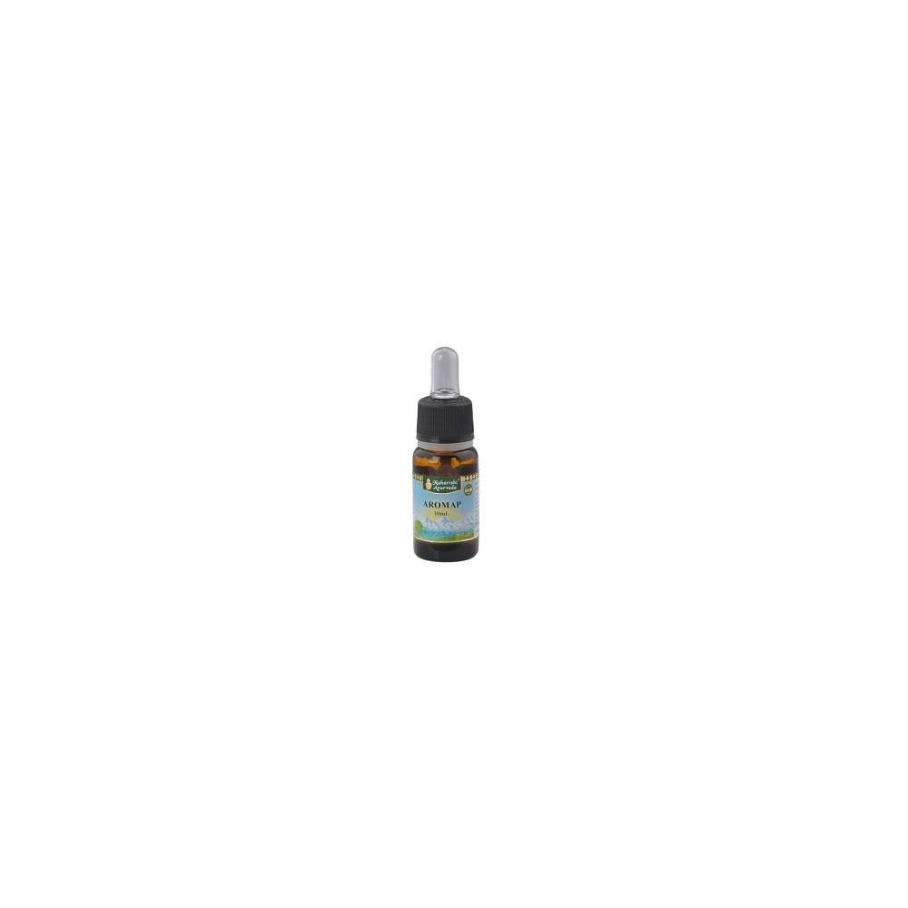 Flacone di vetro marrone con contagocce. Etichetta con informazioni sul prodotto. Aromap Olio 10 ml.