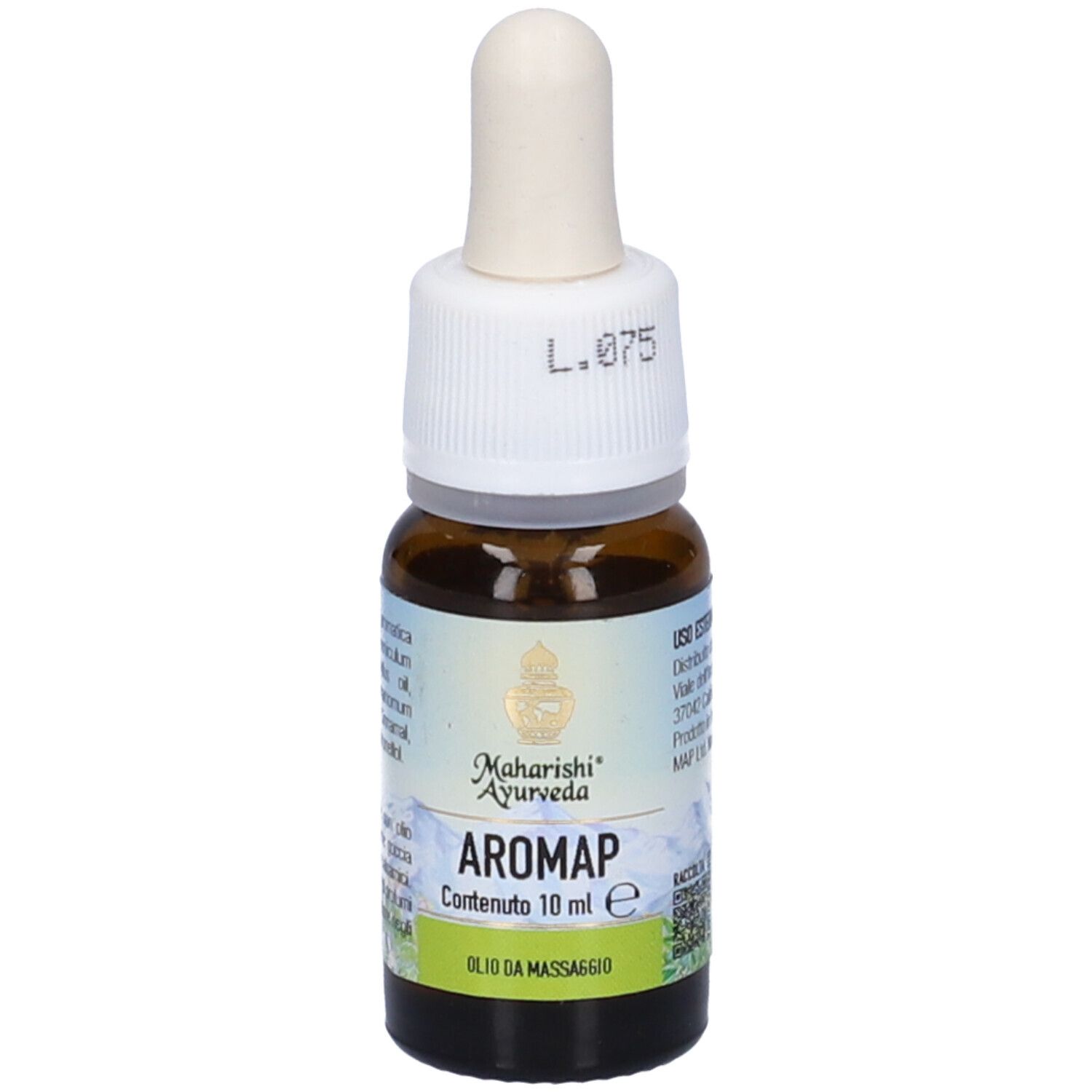 Flacone di vetro marrone con contagocce bianco. Etichetta: Aromap, Olio da Massaggio, 10 ml.