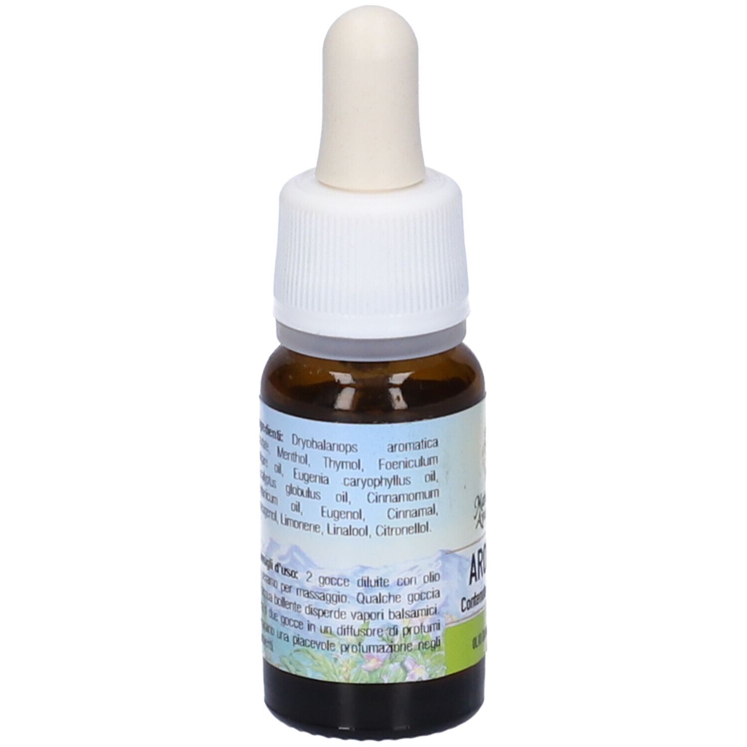 Flacone di vetro marrone con contagocce bianco. Etichetta con ingredienti e testo: Aromap, Olio da Massaggio.