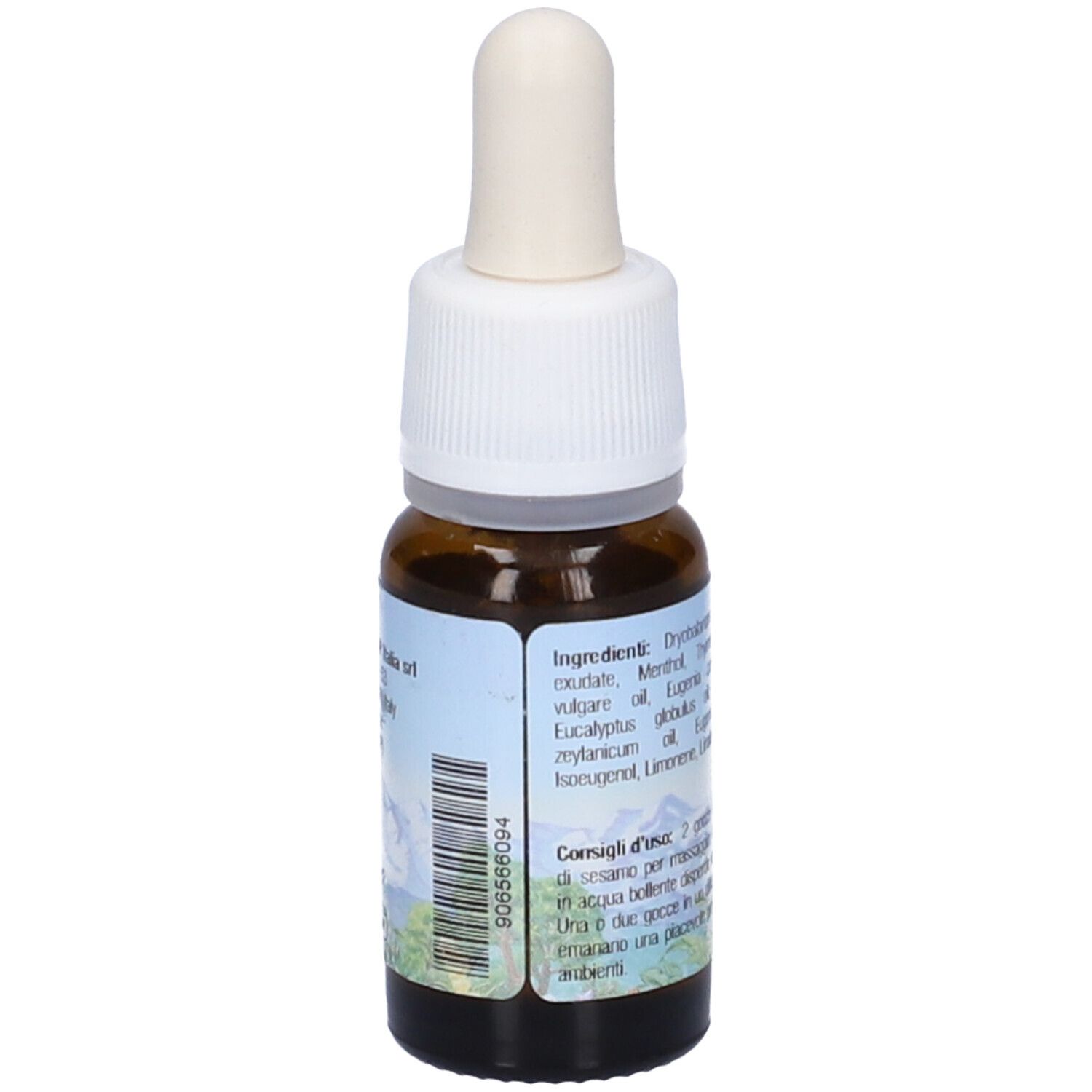 Flacone di vetro marrone con contagocce bianco. Etichetta con ingredienti e testo: Aromap, Olio da Massaggio.