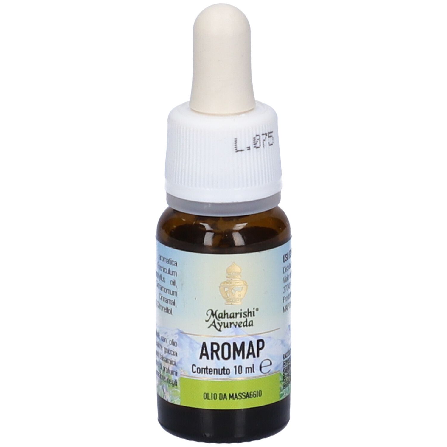 Flacone di vetro marrone con contagocce bianco. Etichetta: Aromap, Olio da Massaggio, 10 ml.