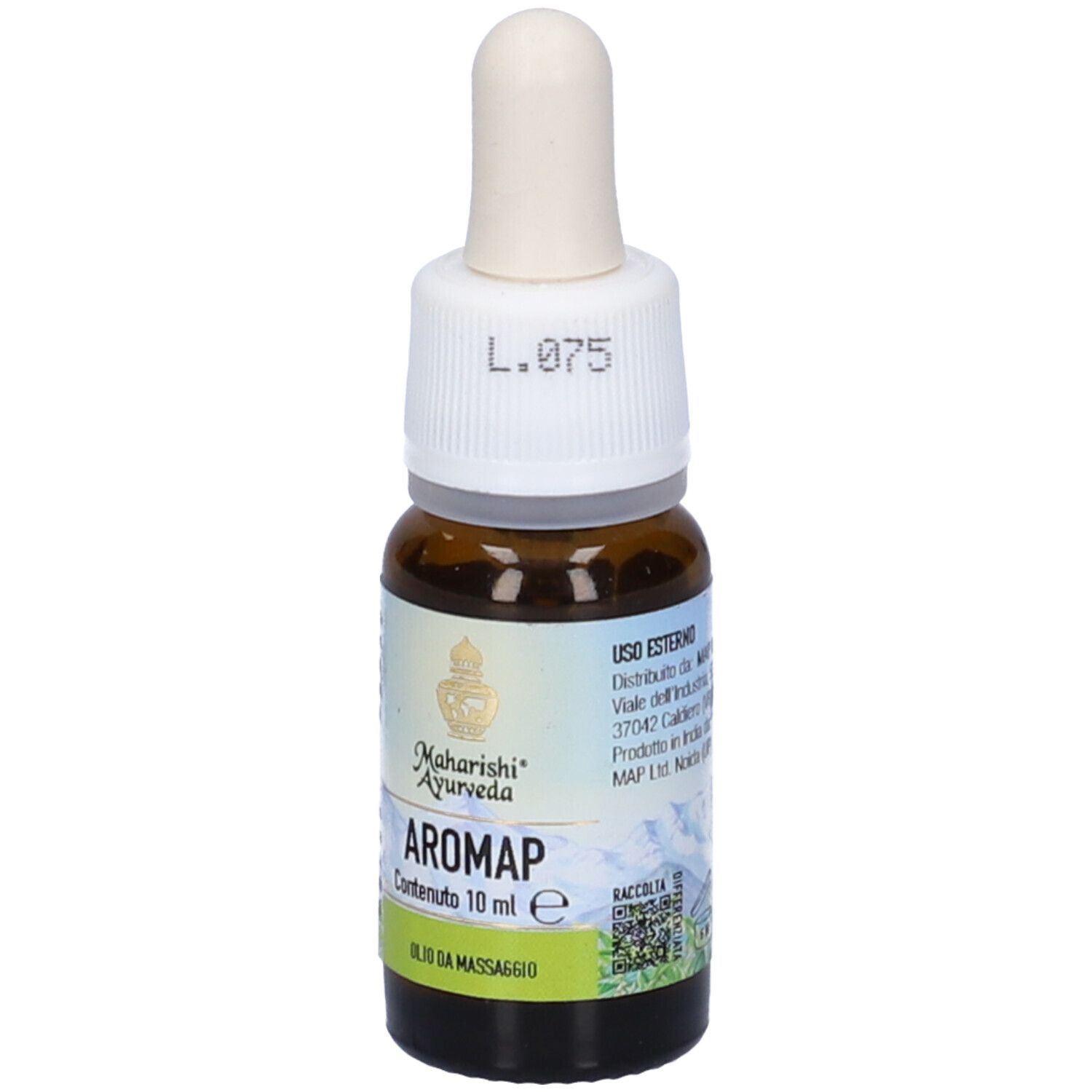 Flacone di vetro marrone con contagocce bianco. Etichetta: Aromap, Olio da Massaggio, 10 ml.